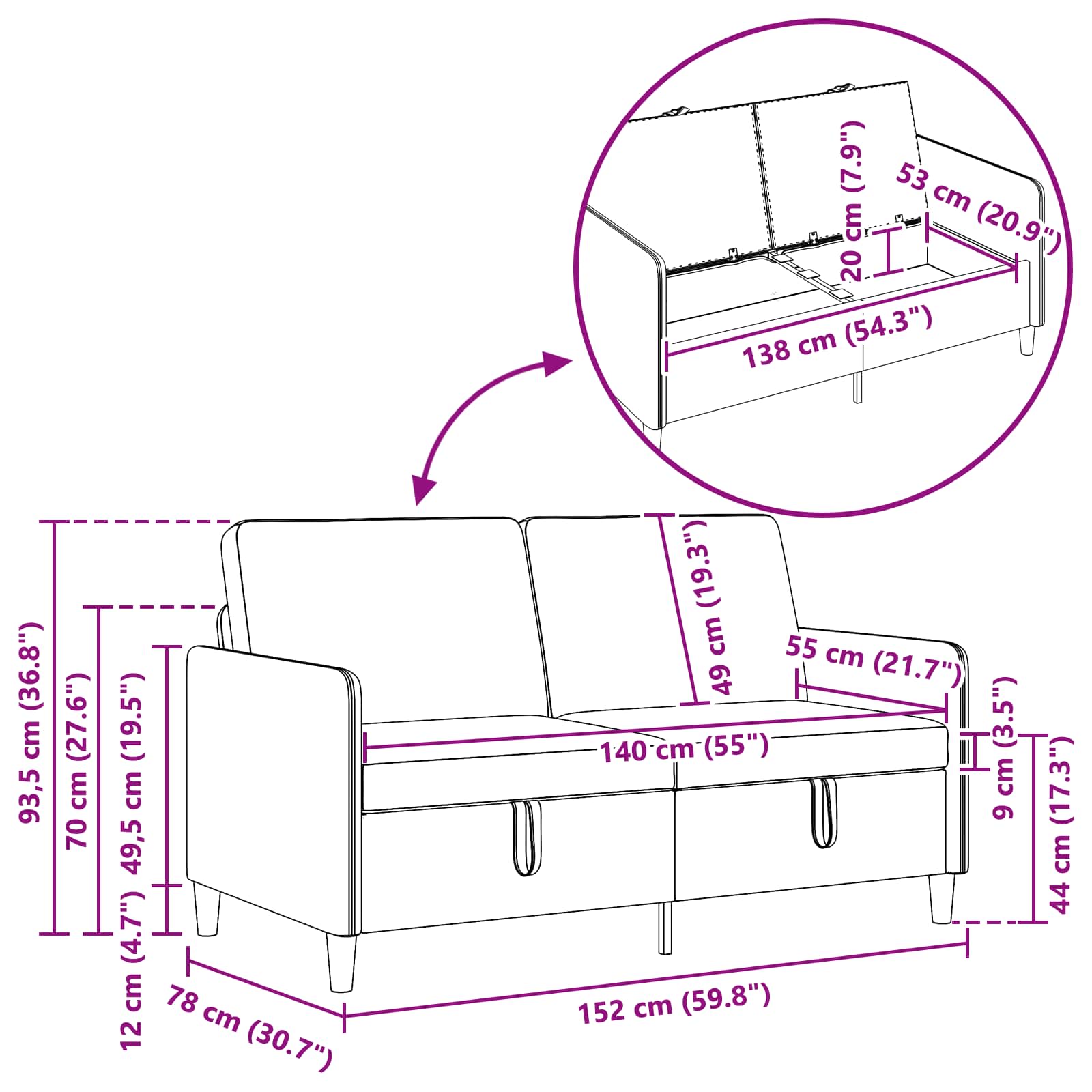 Sofa mit Stauraum Dunkelgrau 152 x 78 x 87 cm Polyester