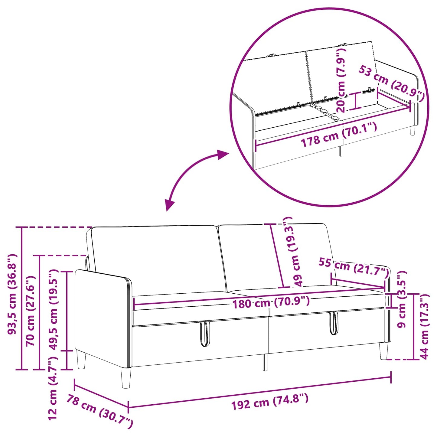 Sofa mit Stauraum Hellgrau 192 x 78 x 87 cm Polyester
