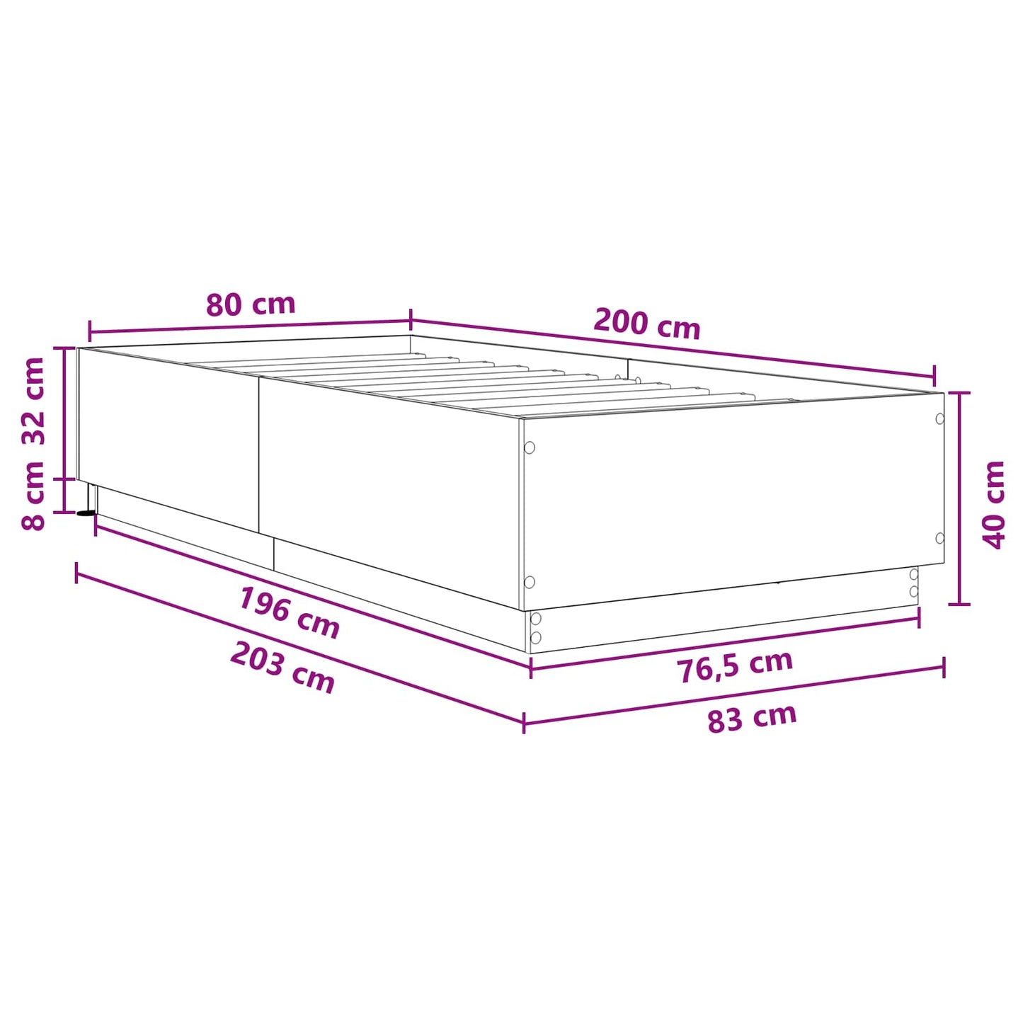 Bettgestell mit LED Schwarze Eiche 80 x 200 cm Holzwerkstoff