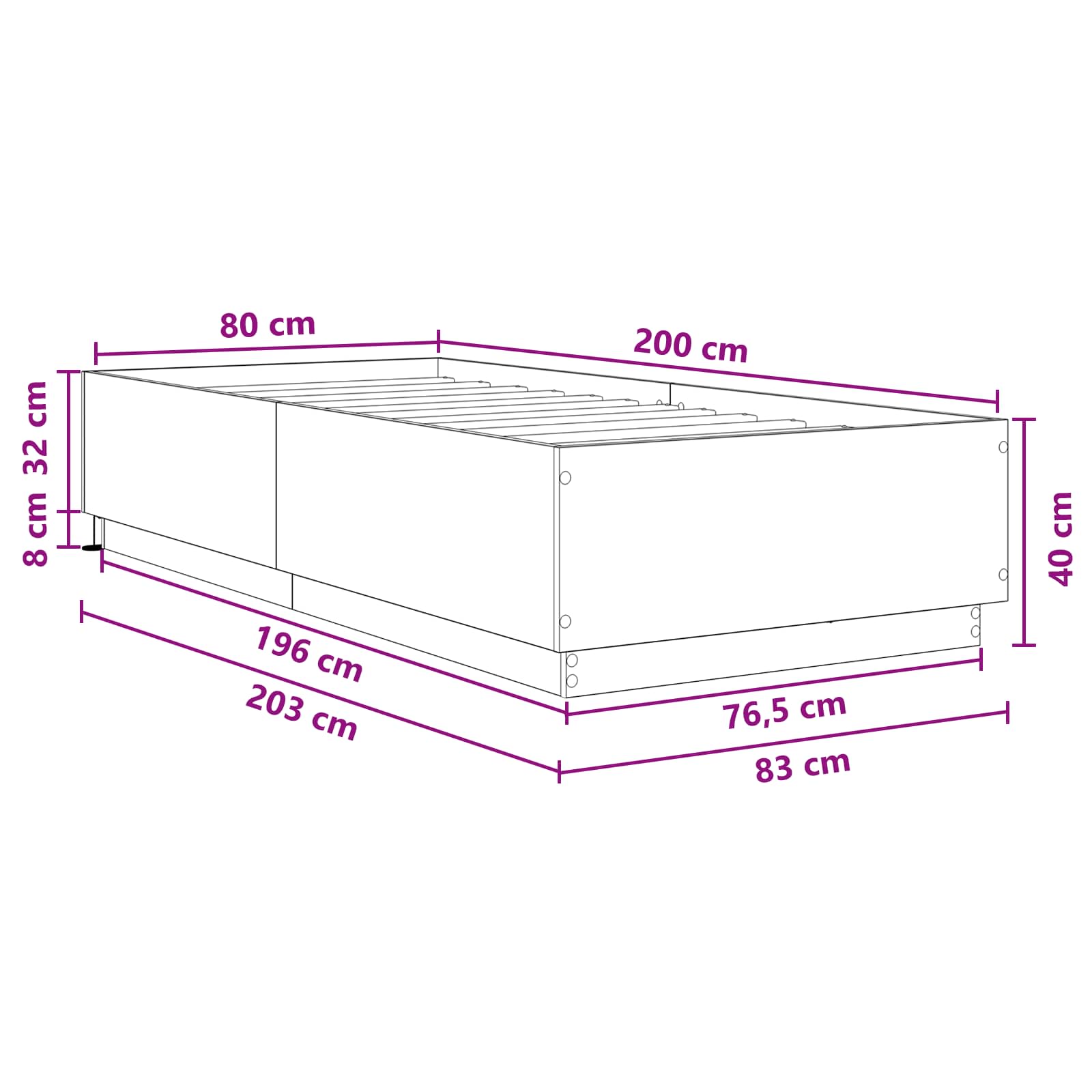 Bettgestell mit LED Schwarze Eiche 80 x 200 cm Holzwerkstoff