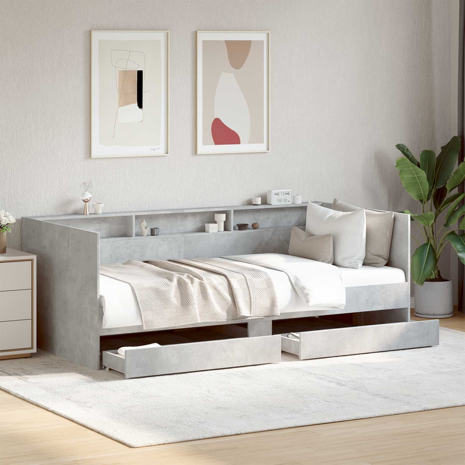 Tagesbett mit Schubladen mit Regal Betongrau Holzwerkstoff