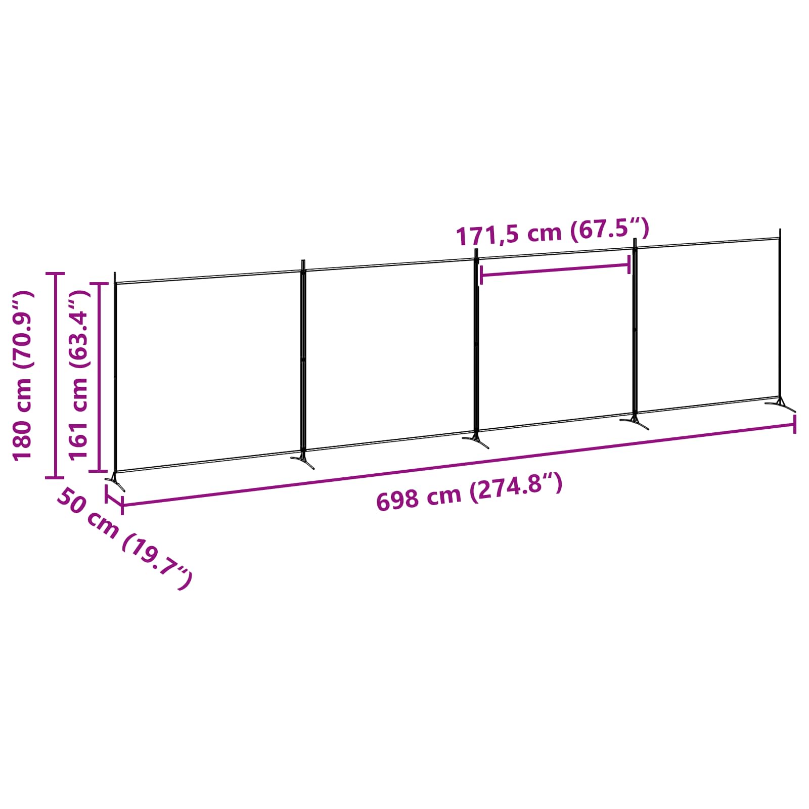 4-Panel Room Divider Beige 698 x 180 cm Stoff