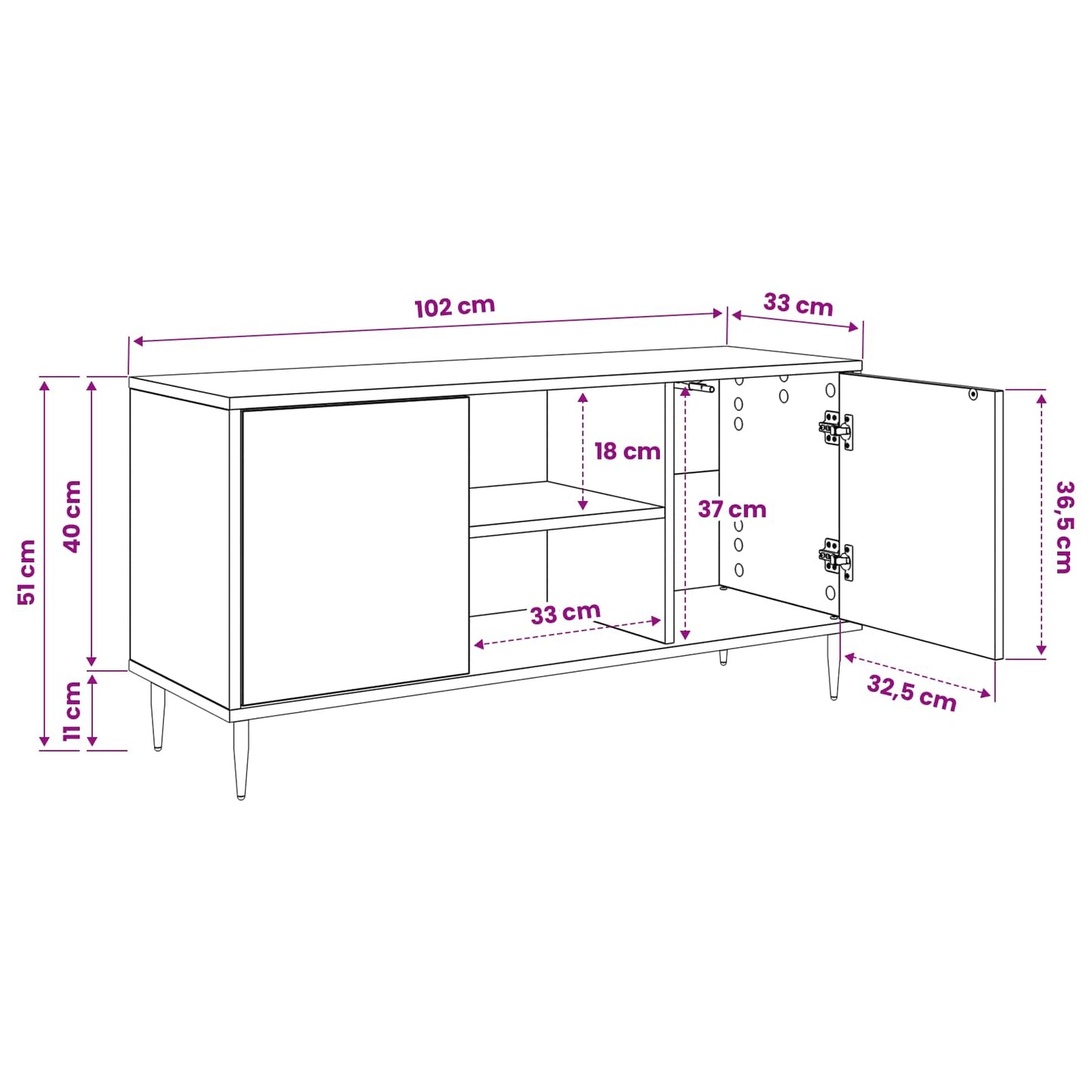 TV-Schrank GOTHA 102 x 33 x 51 cm Schwarz Eichen-Optik
