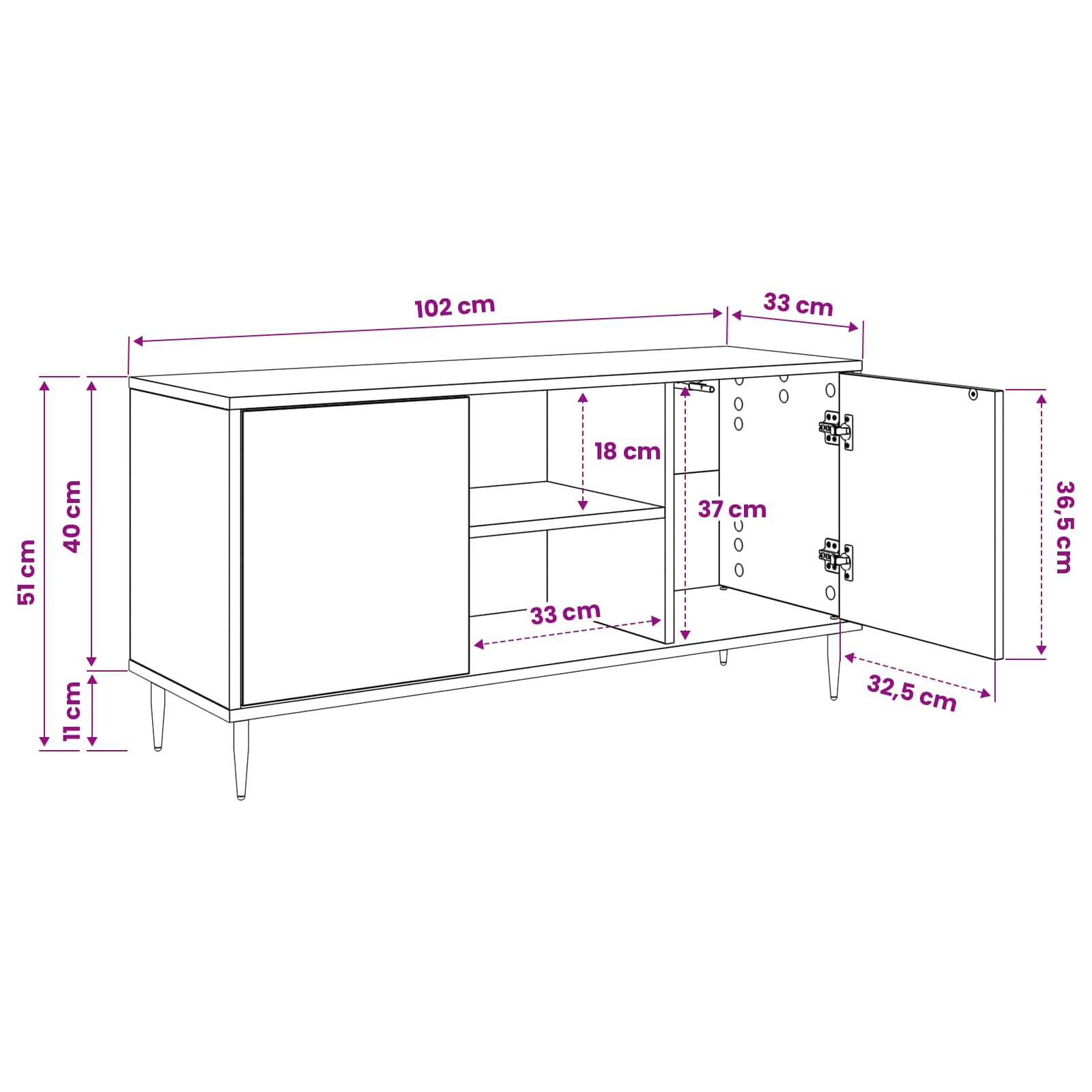 TV-Schrank GOTHA 102 x 33 x 51 cm Schwarz Eichen-Optik