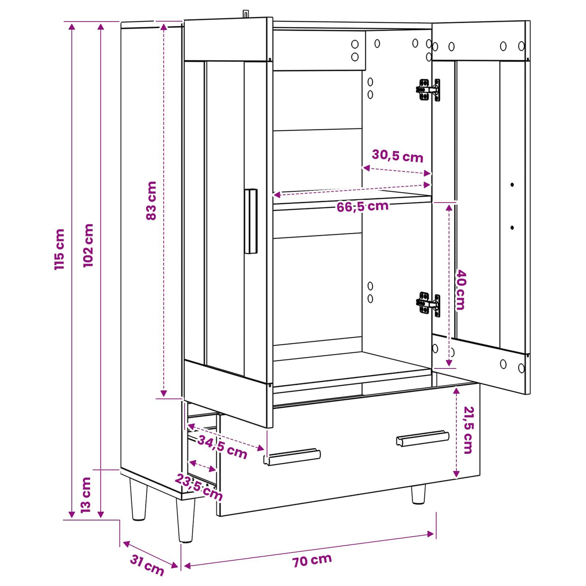 Highboard Schwarz Eichen-Optik 70 x 31 x 115 cm Holzwerkstoff