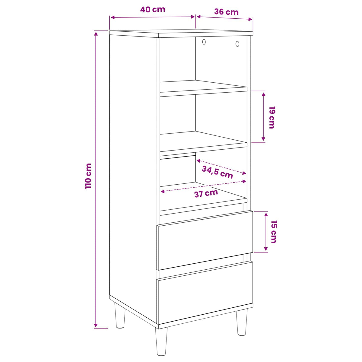 Highboard Schwarz Eichen-Optik 40 x 36 x 110 cm Holzwerkstoff