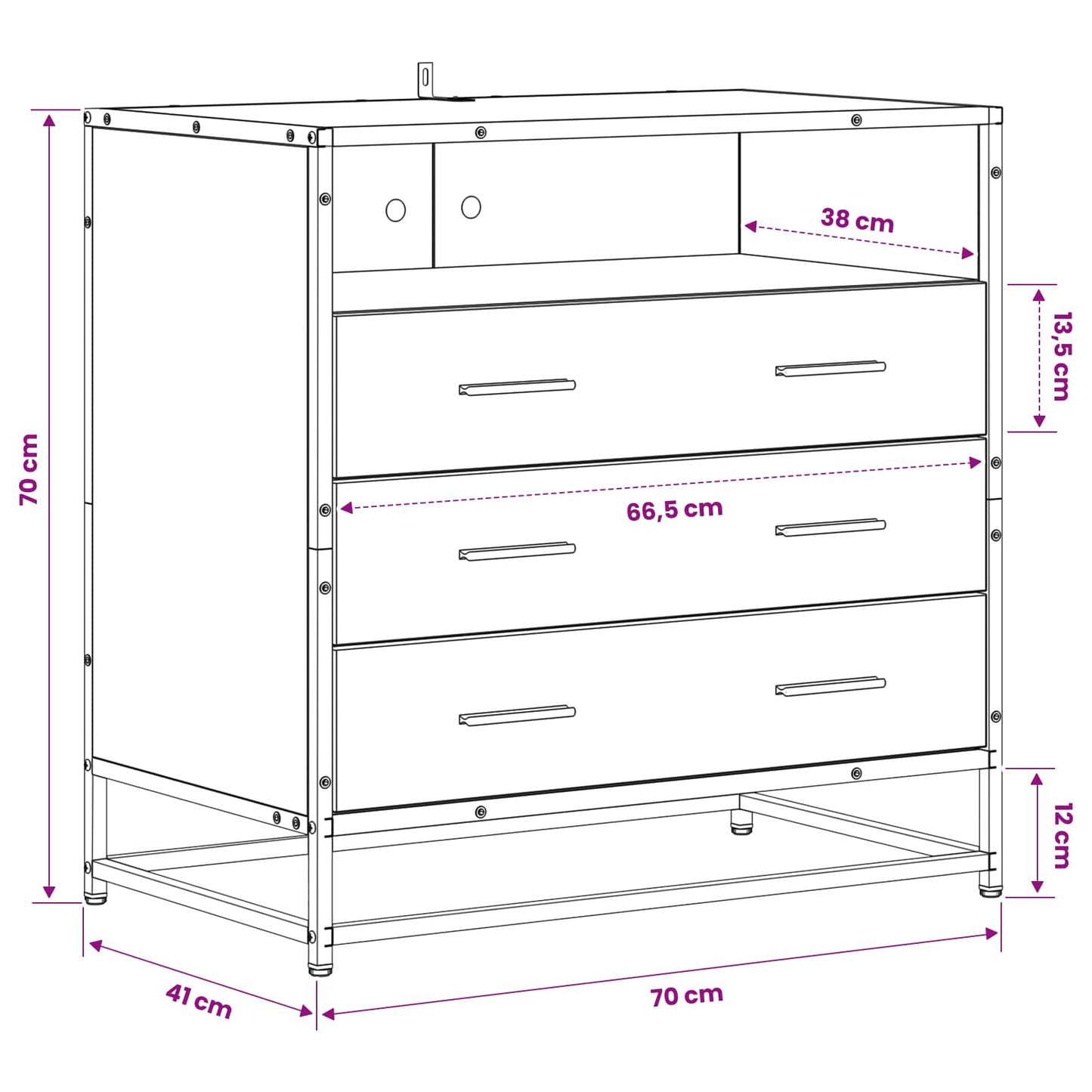 Schubladenschrank 3-Schublade Artisan-Eiche 70 x 41 x 70 cm