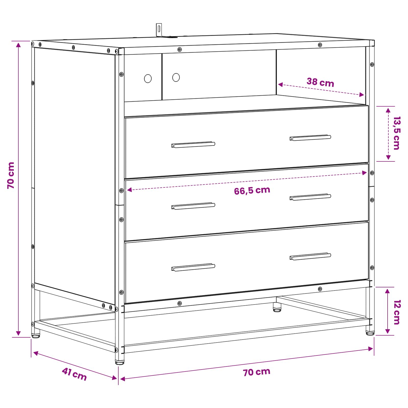 Schubladenschrank 3-Schublade Artisan-Eiche 70 x 41 x 70 cm