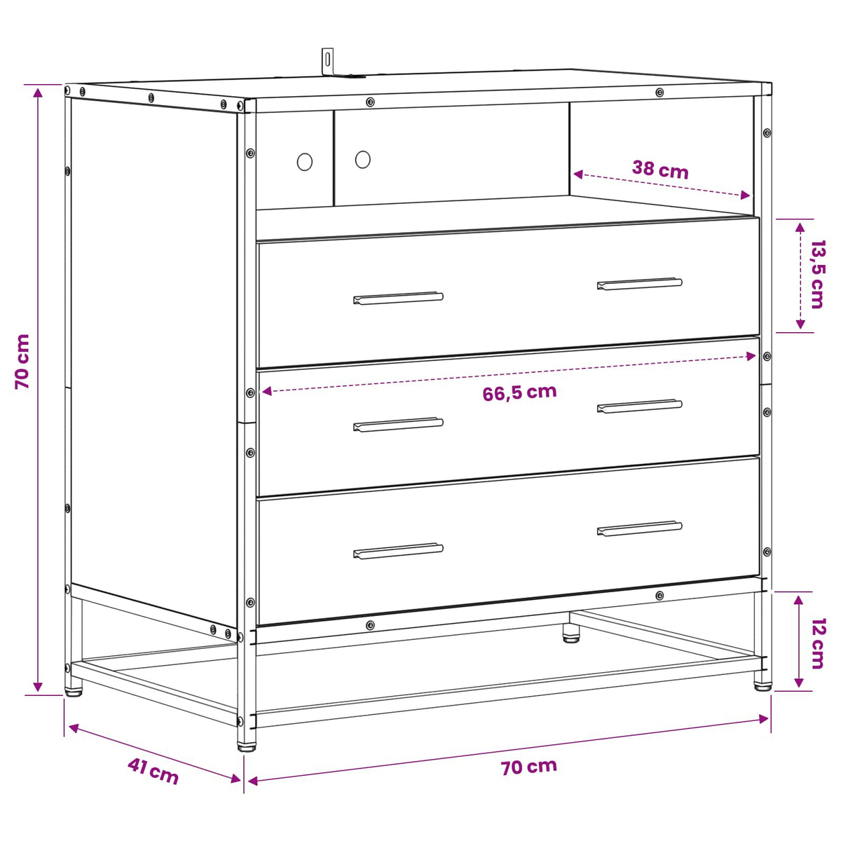 Schubladenschrank 3-Schublade Schwarz Eichen-Optik