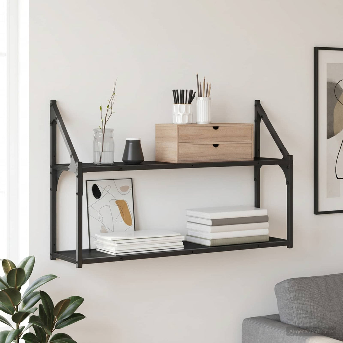 Wandregal Wandhalterung Schwarz Eichen-Optik 80 x 21 x 51 cm