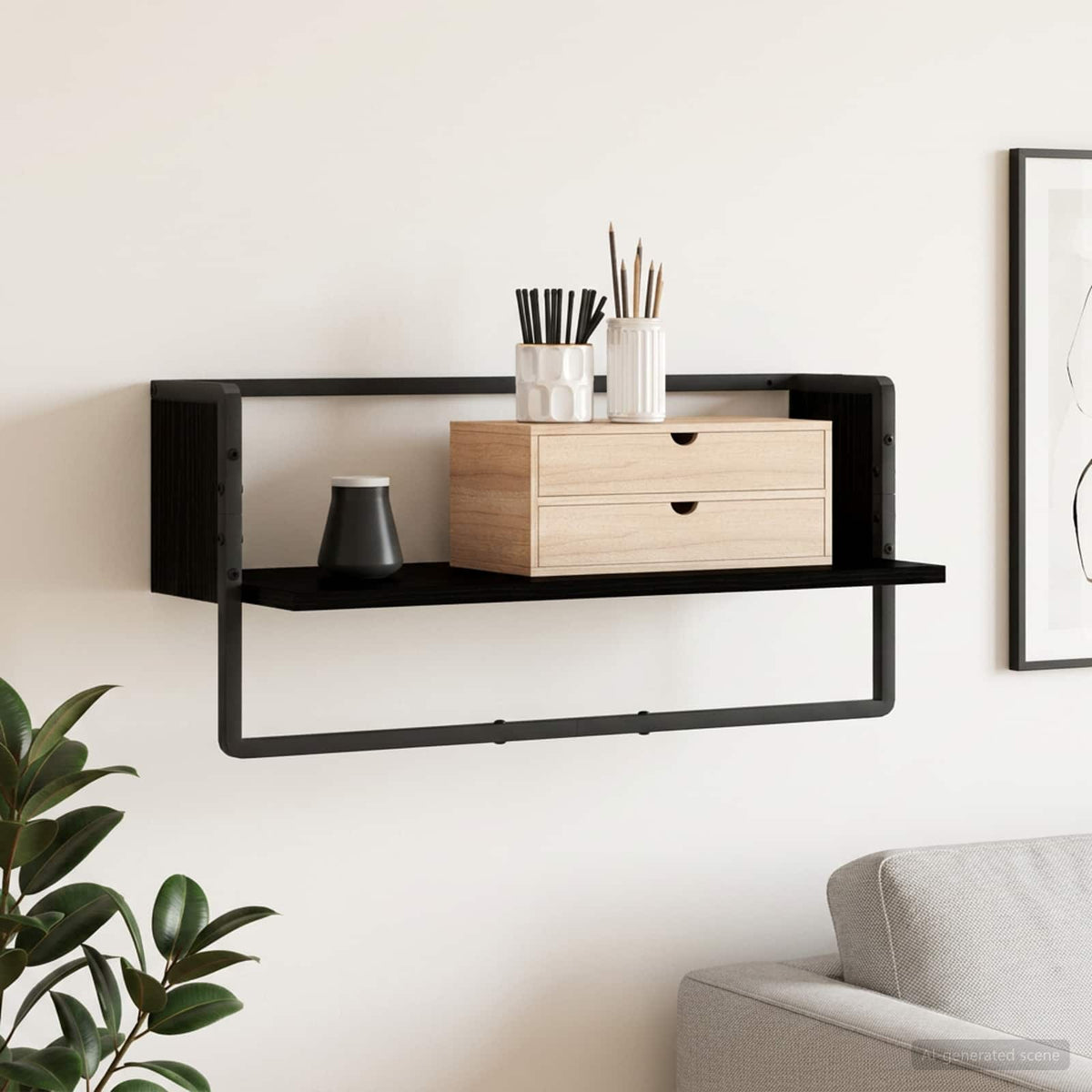 Wandregal Wandhalterung Schwarz Eichen-Optik 65 x 25 x 30 cm