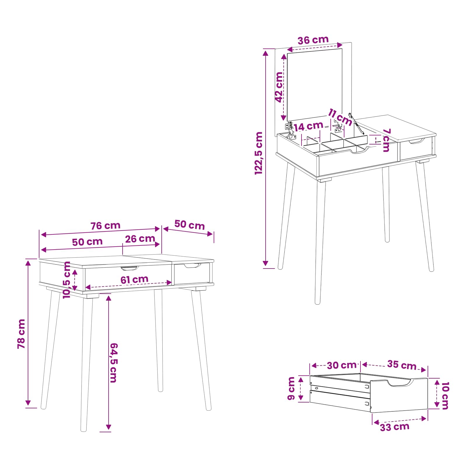Schminktisch FAUSKE Weiß 76 x 50 x 78 cm