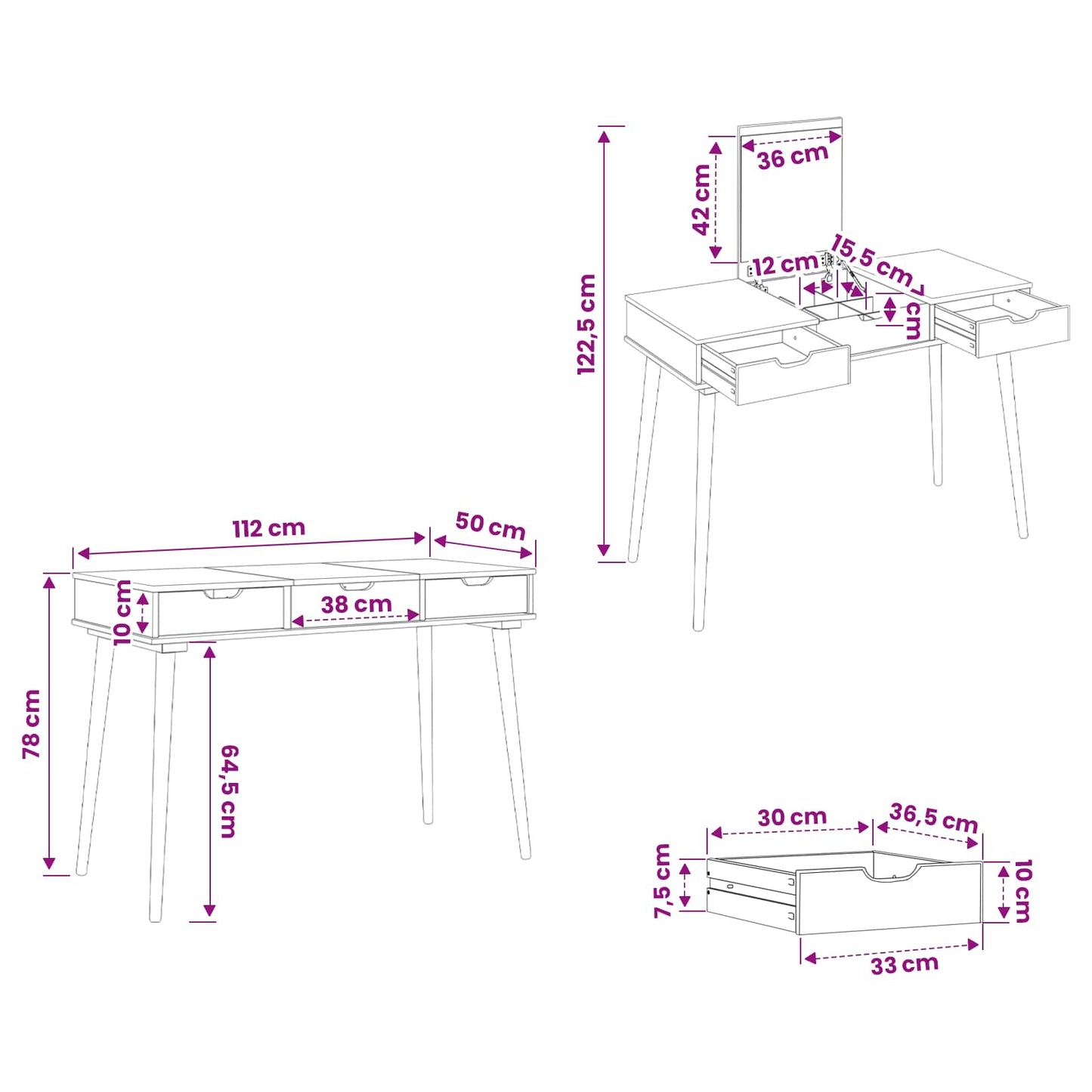 Schminktisch FAUSKE Weiß 112 x 50 x 78 cm