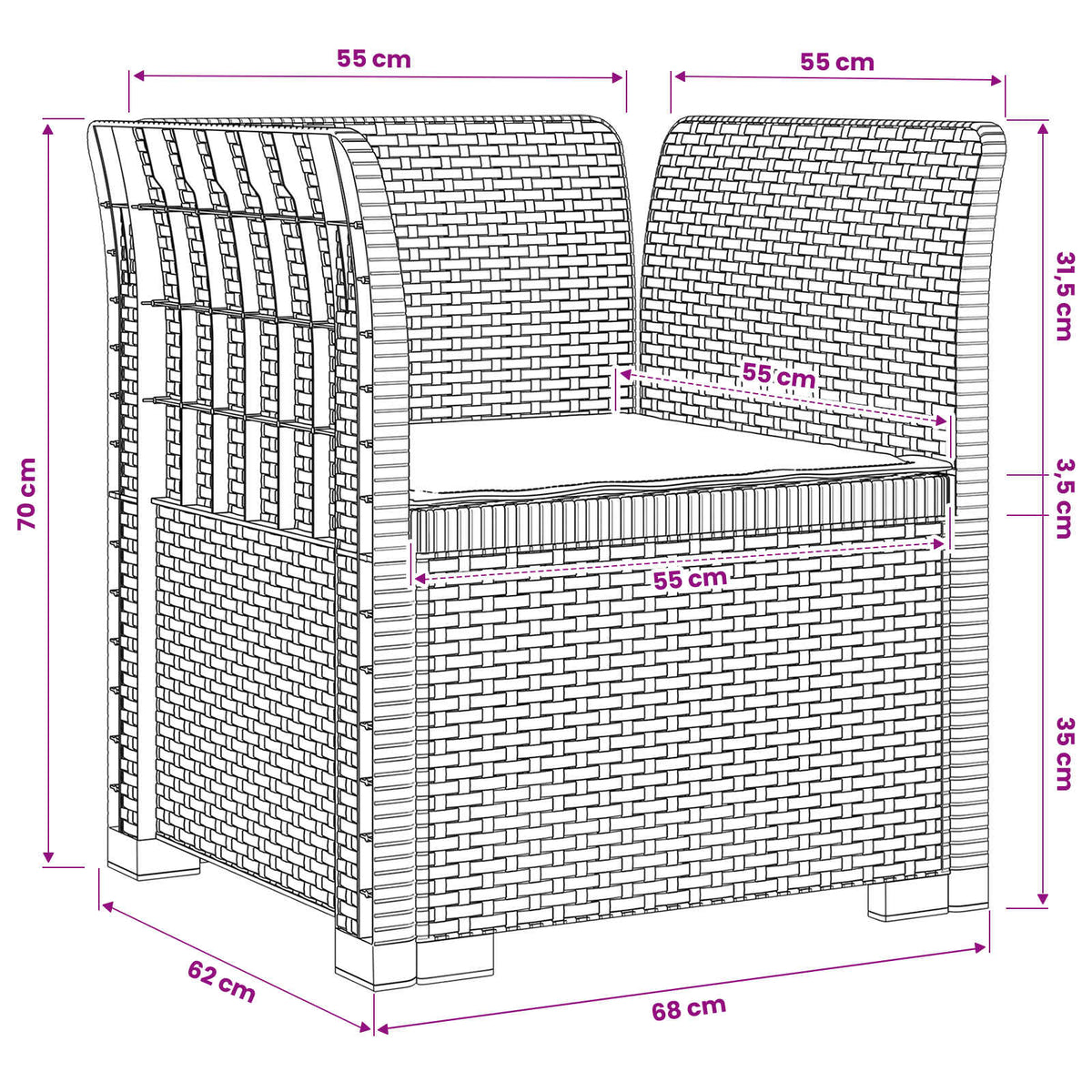 1-Sitzer Sessel mit Kissen Rattan-Look PP Weiß