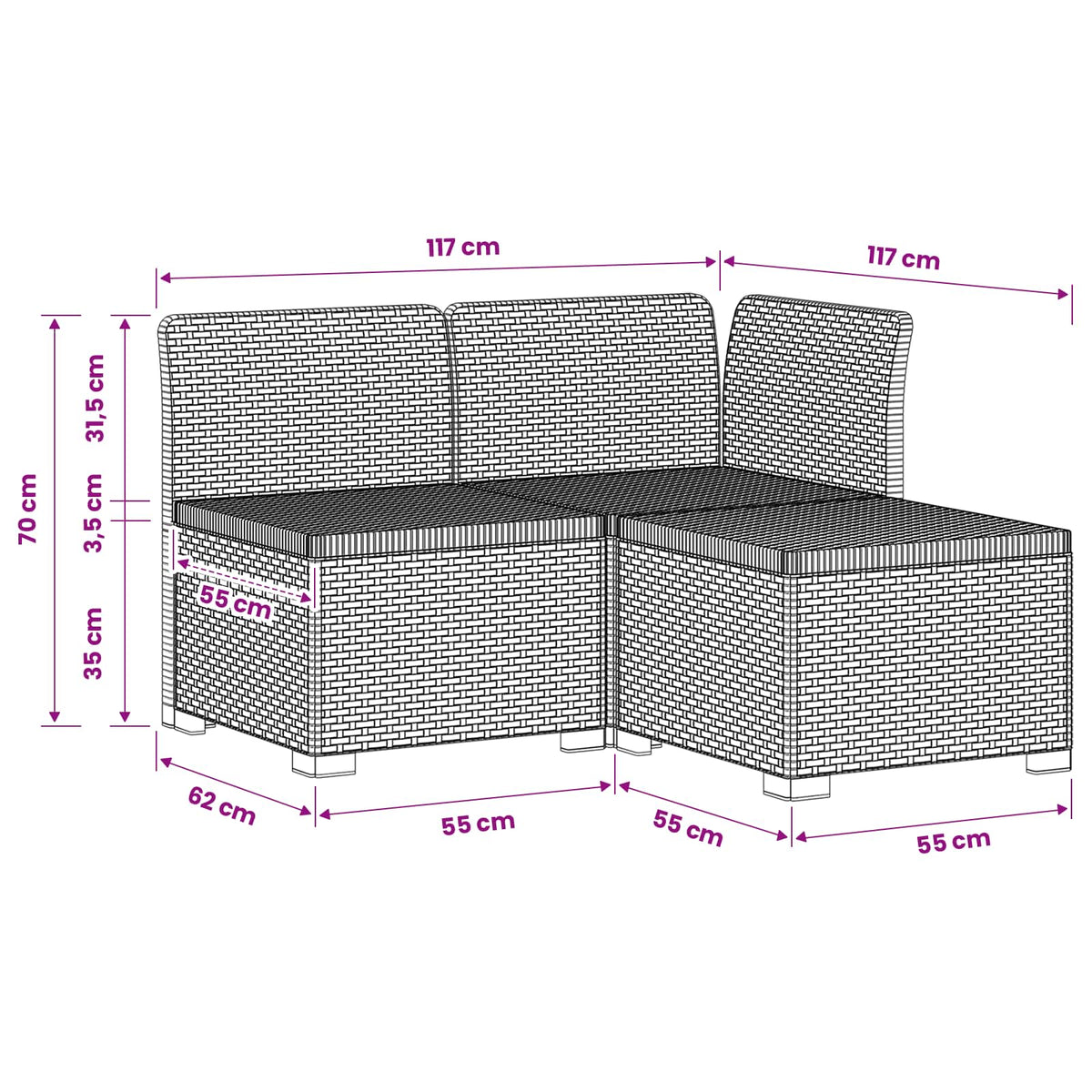 3-Sitzer Garten Sofa Rattan Look 3-Sitzer PP Braun