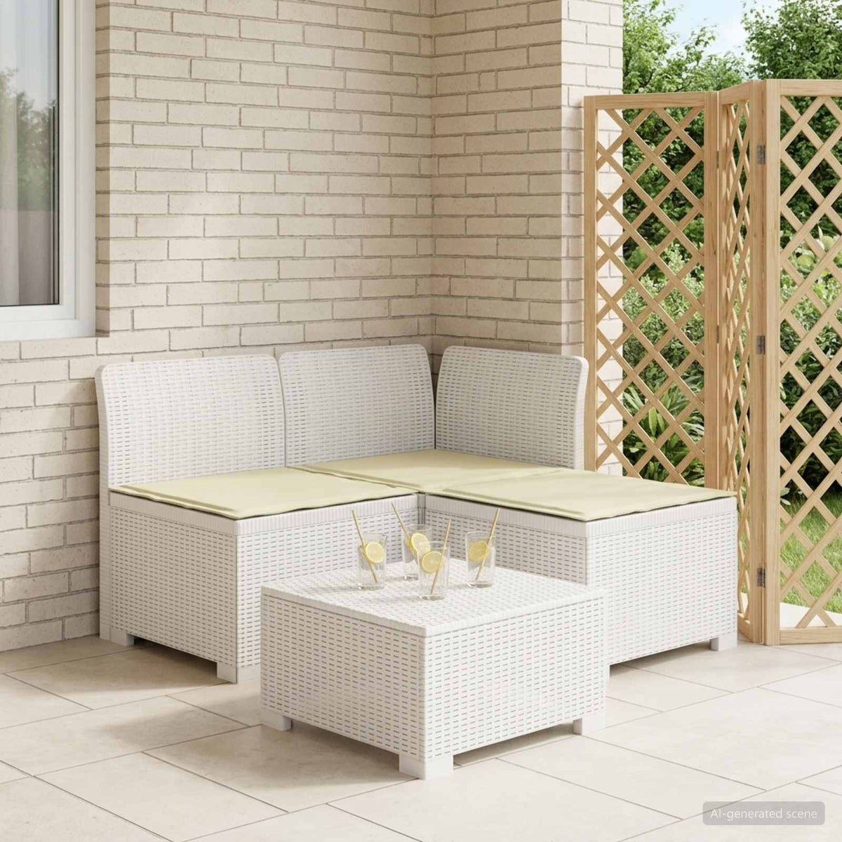 3-Sitzer Garten Sofa mit Kissen Rattan-Look 3-Sitzer PP Weiß