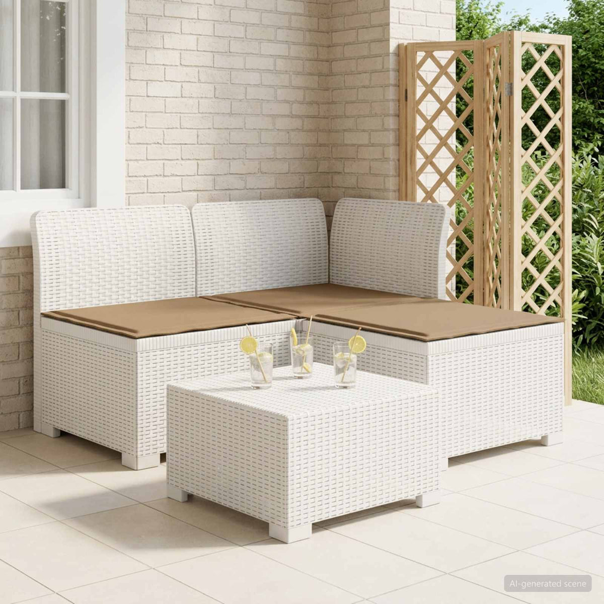3-Sitzer Garten Sofa mit Kissen Rattan-Look 3-Sitzer PP Weiß
