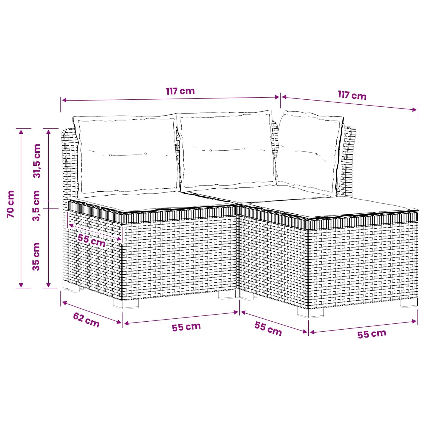 3-Sitzer Garten Sofa mit Kissen Rattan-Look PP Anthrazit