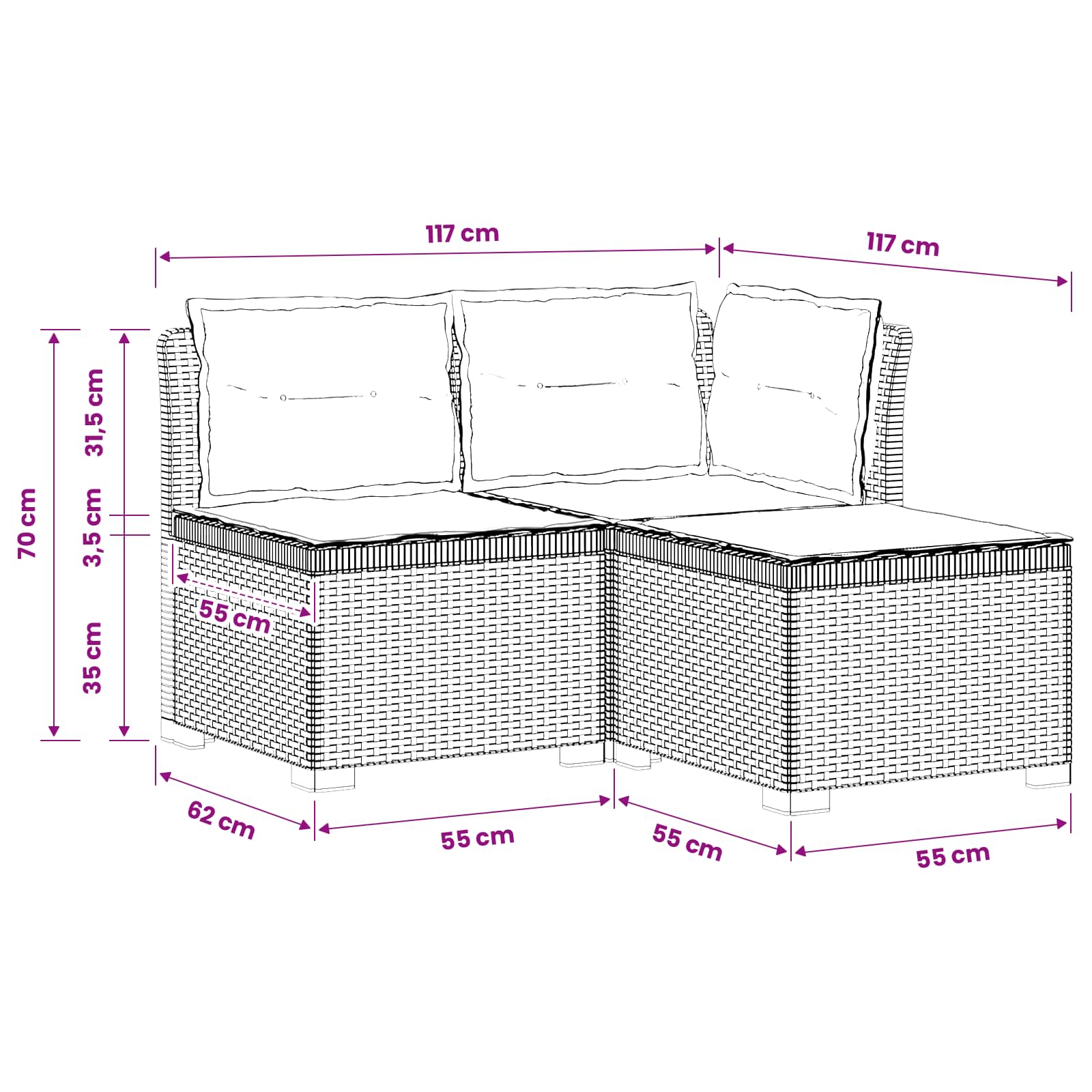 3-Sitzer Garten Sofa mit Kissen Rattan-Look PP Anthrazit