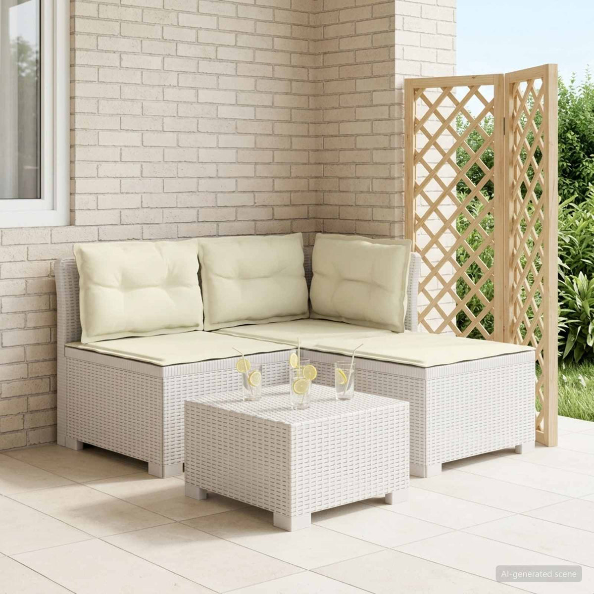 3-Sitzer Garten Sofa mit Kissen Rattan-Look 3-Sitzer PP Weiß
