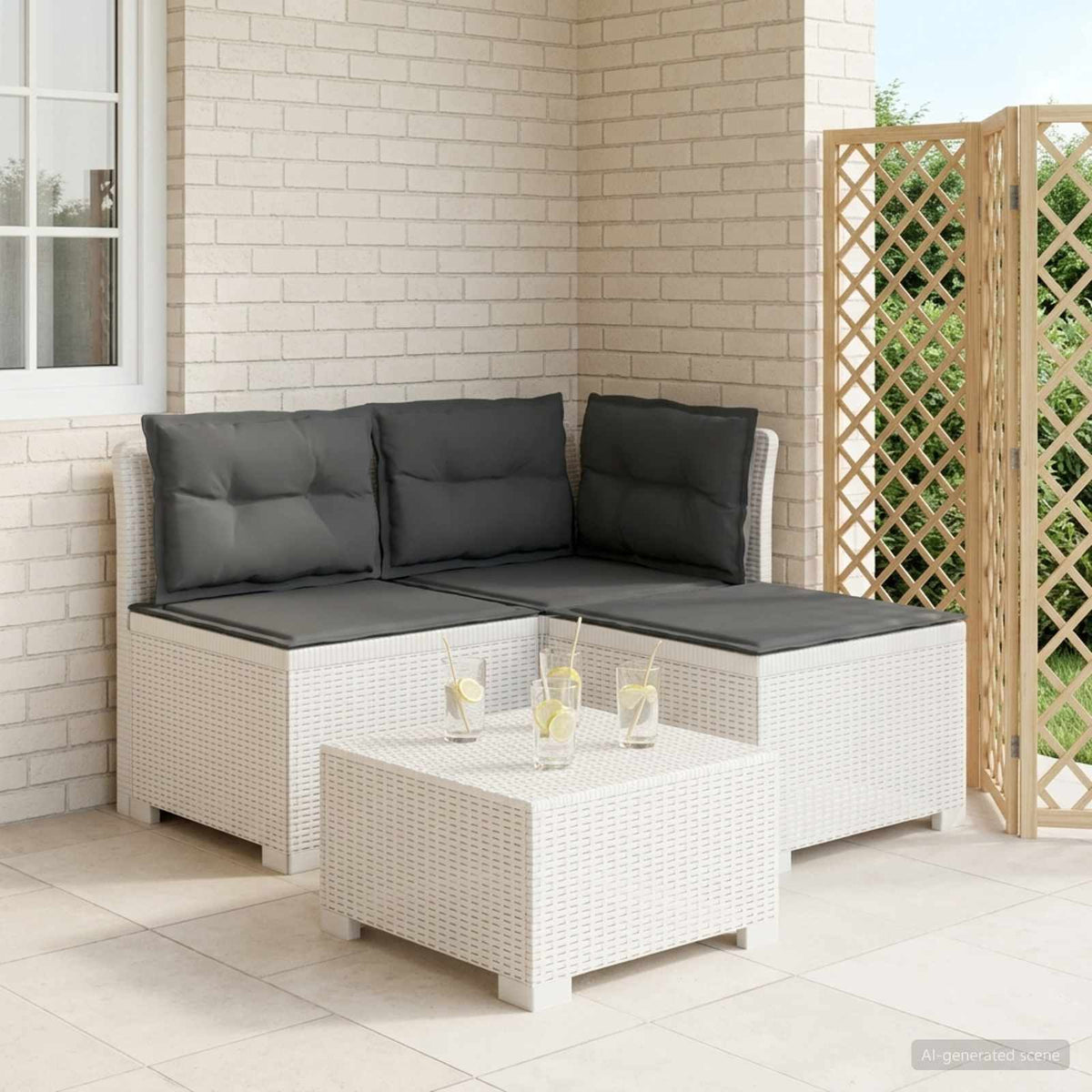 3-Sitzer Garten Sofa mit Kissen Rattan-Look 3-Sitzer PP Weiß
