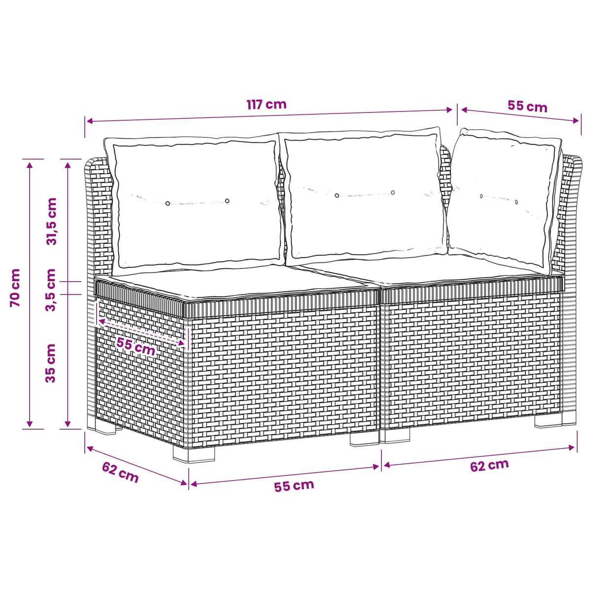2-Sitzer Garten-Sofa mit Kissen Rattan-Look 2-Sitzer PP Weiß