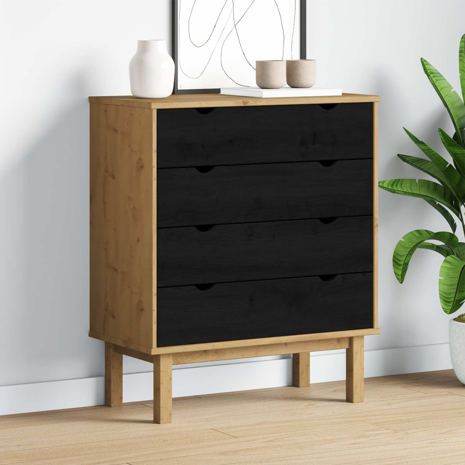 Kommode OTTA Schwarz 76,5 x 39,5 x 90 cm Massives Kiefernholz