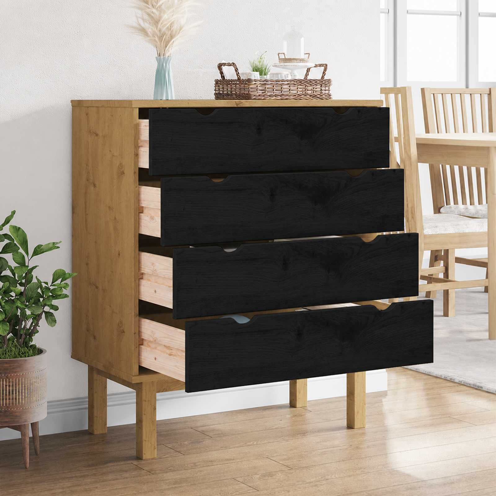 Kommode OTTA Schwarz 76,5 x 39,5 x 90 cm Massives Kiefernholz