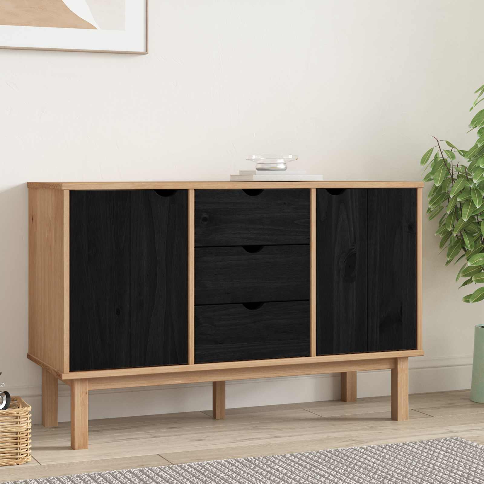 Sideboard OTTA Schwarz 113,5 x 43 x 73 cm Massives Kiefernholz
