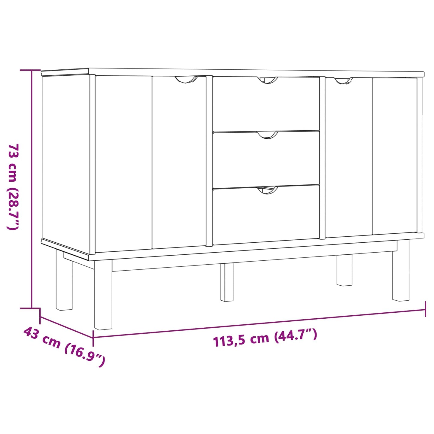 Sideboard OTTA Schwarz 113,5 x 43 x 73 cm Massives Kiefernholz