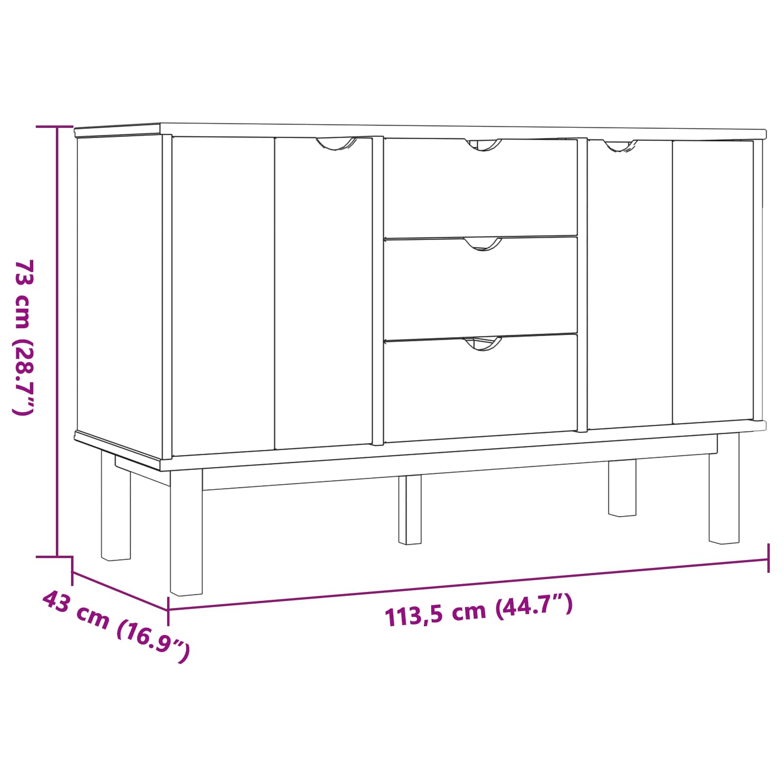 Sideboard OTTA Schwarz 113,5 x 43 x 73 cm Massives Kiefernholz