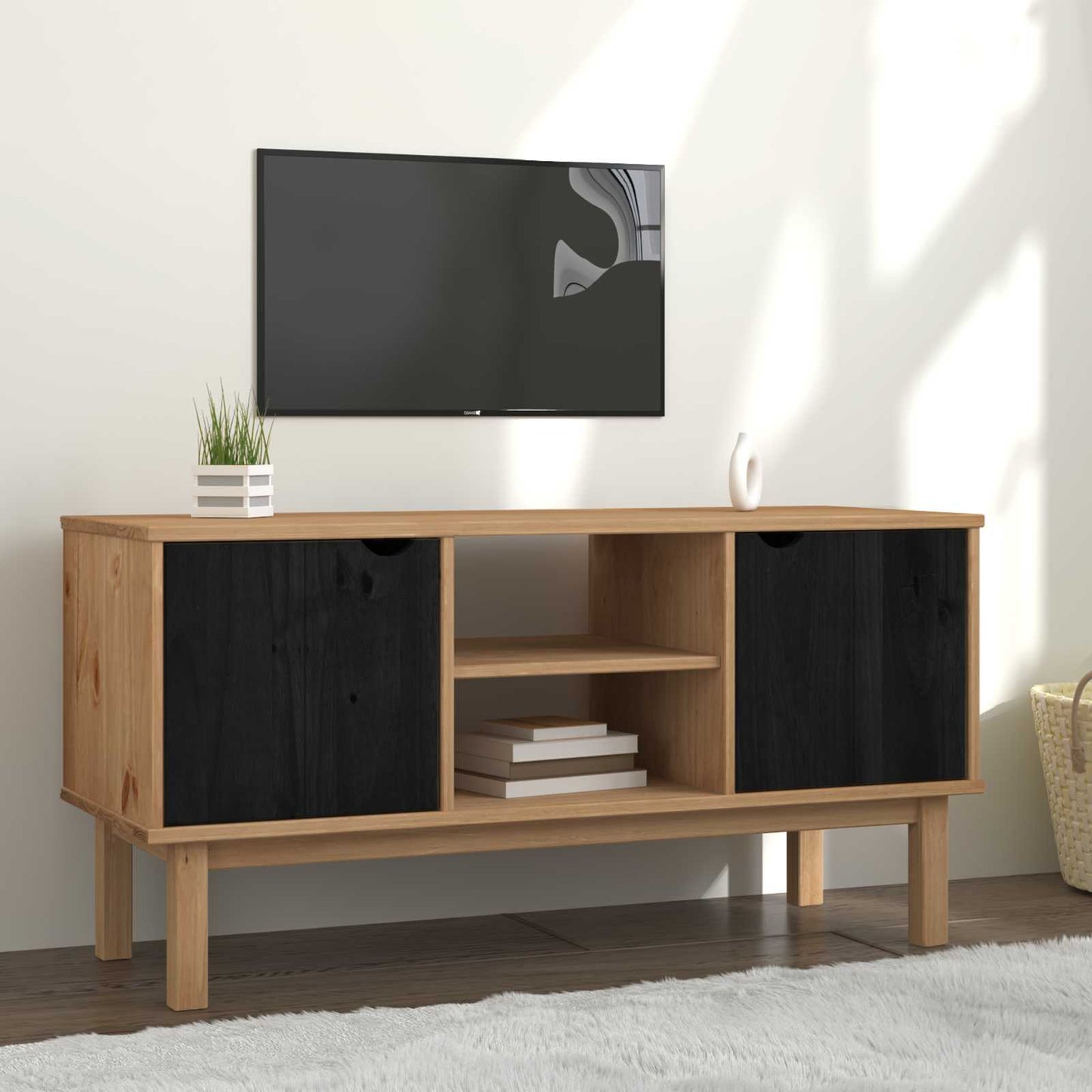TV-Ständer OTTA 113,5 x 43 x 57 cm Schwarz Massives Kiefernholz