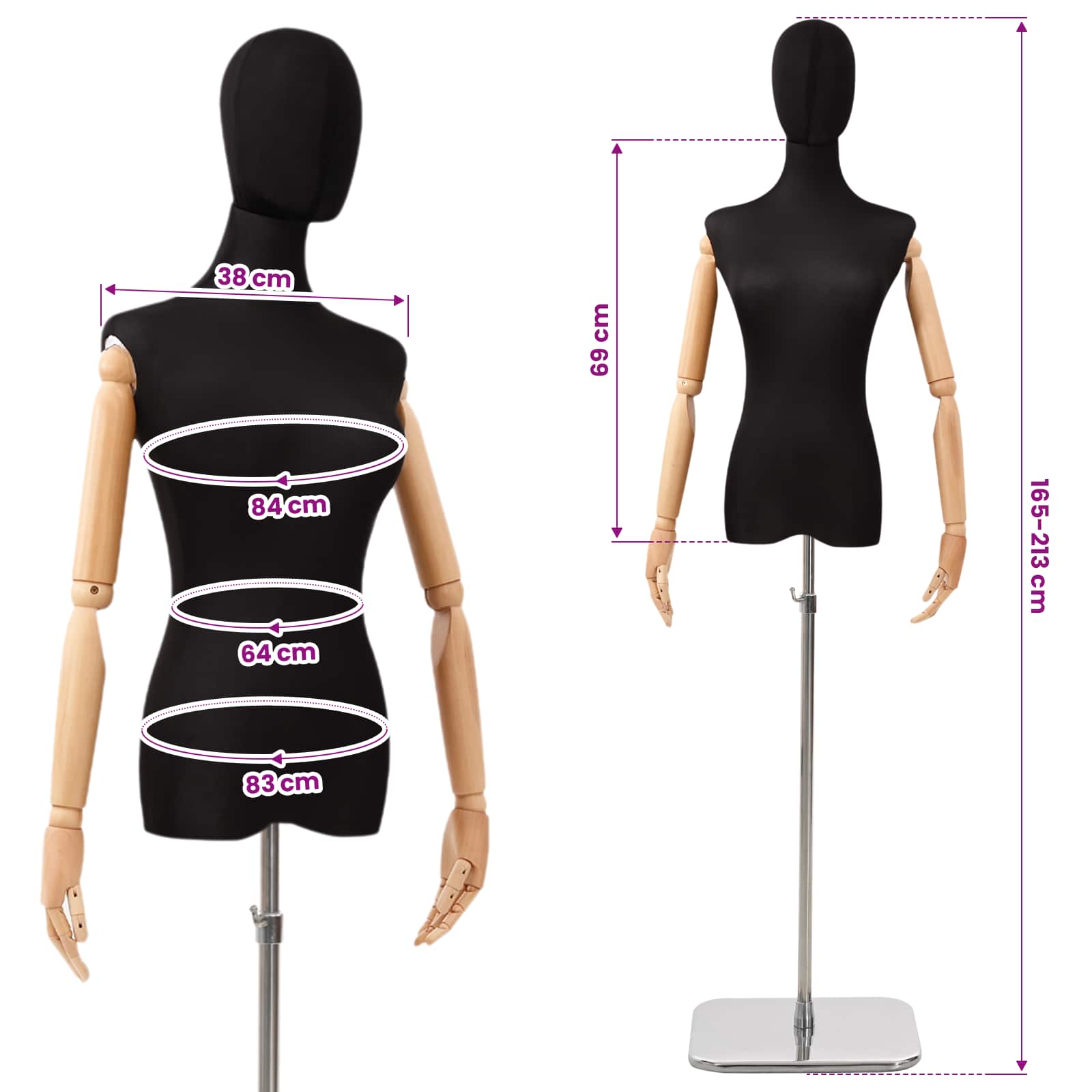 Verstellbare Mannequin 165-213 cm mit Fuß Weiblich PP Schwarz