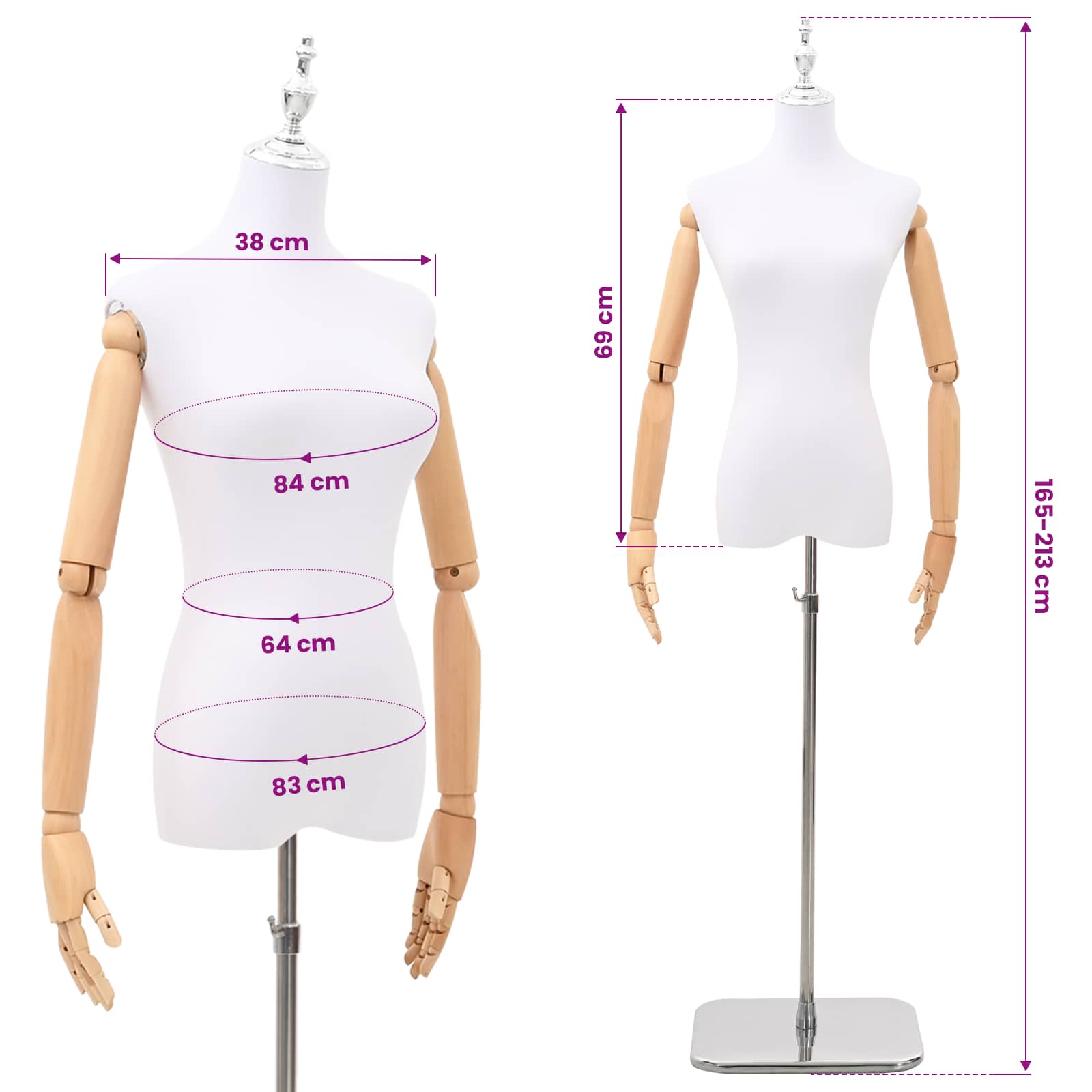 Verstellbare Mannequin 165-213 cm mit Fuß Weiblich PP Weiß