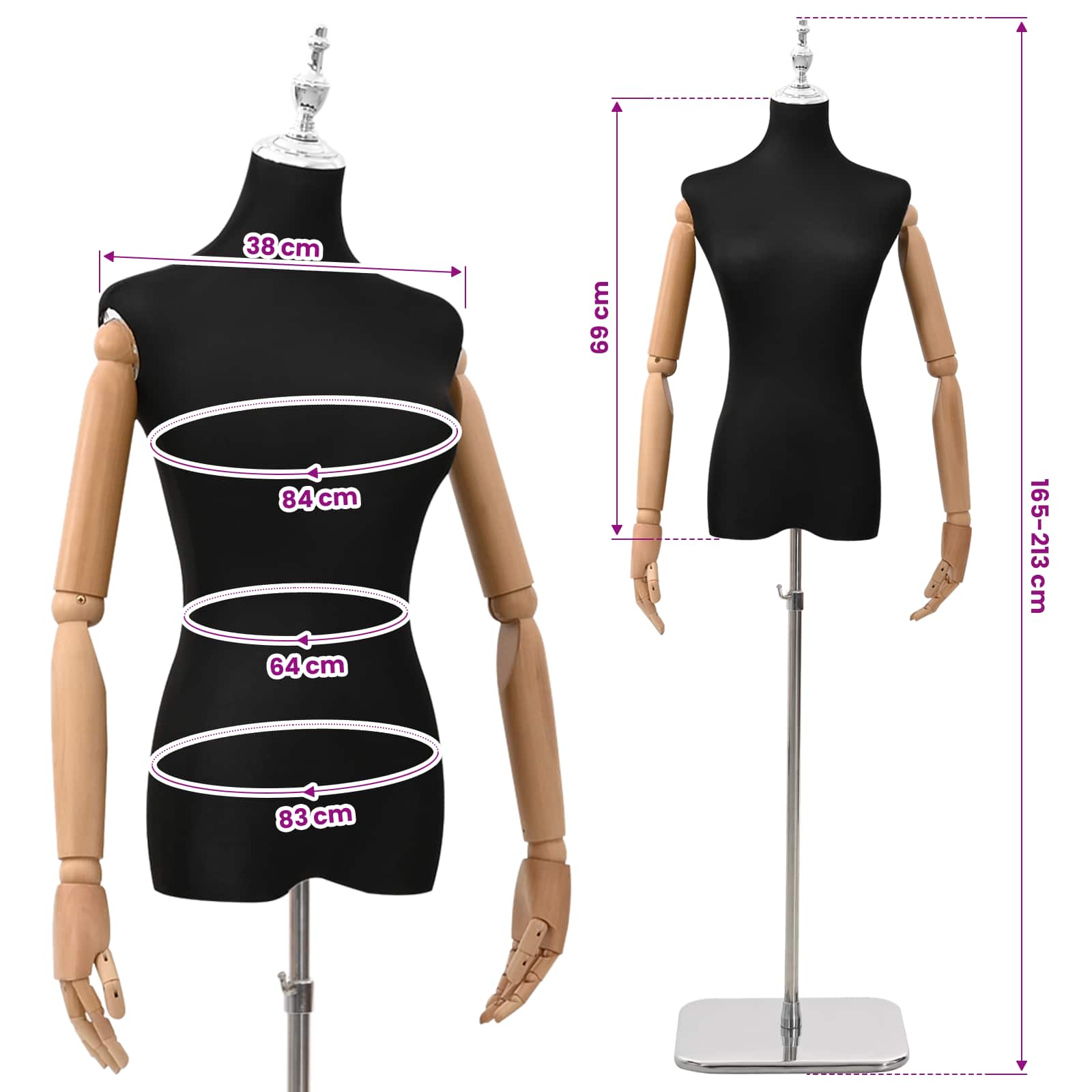 Verstellbare Mannequin 165-213 cm mit Fuß Weiblich PP Schwarz