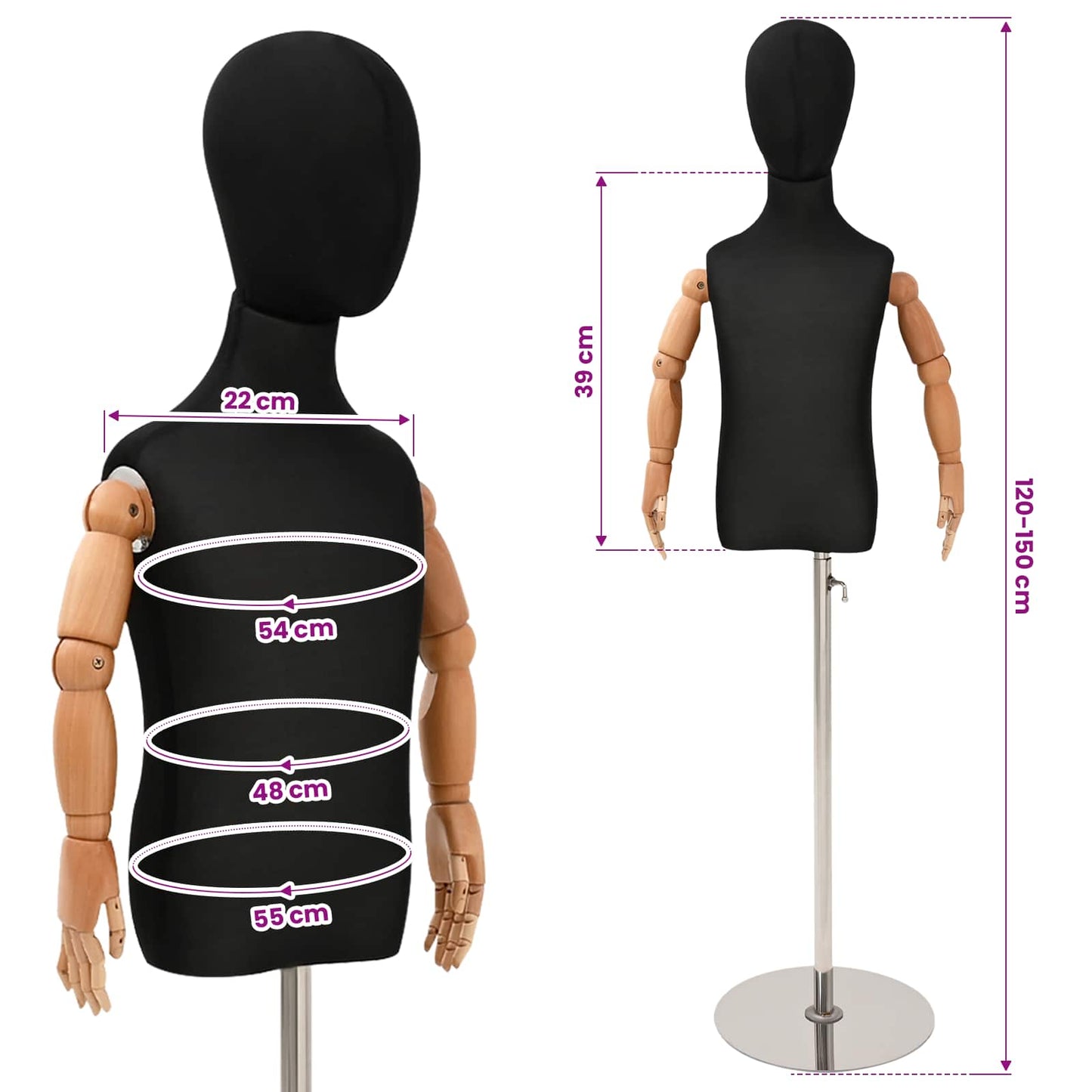 Verstellbares 120-150 cm Mannequin mit Basis Unisex PP Schwarz
