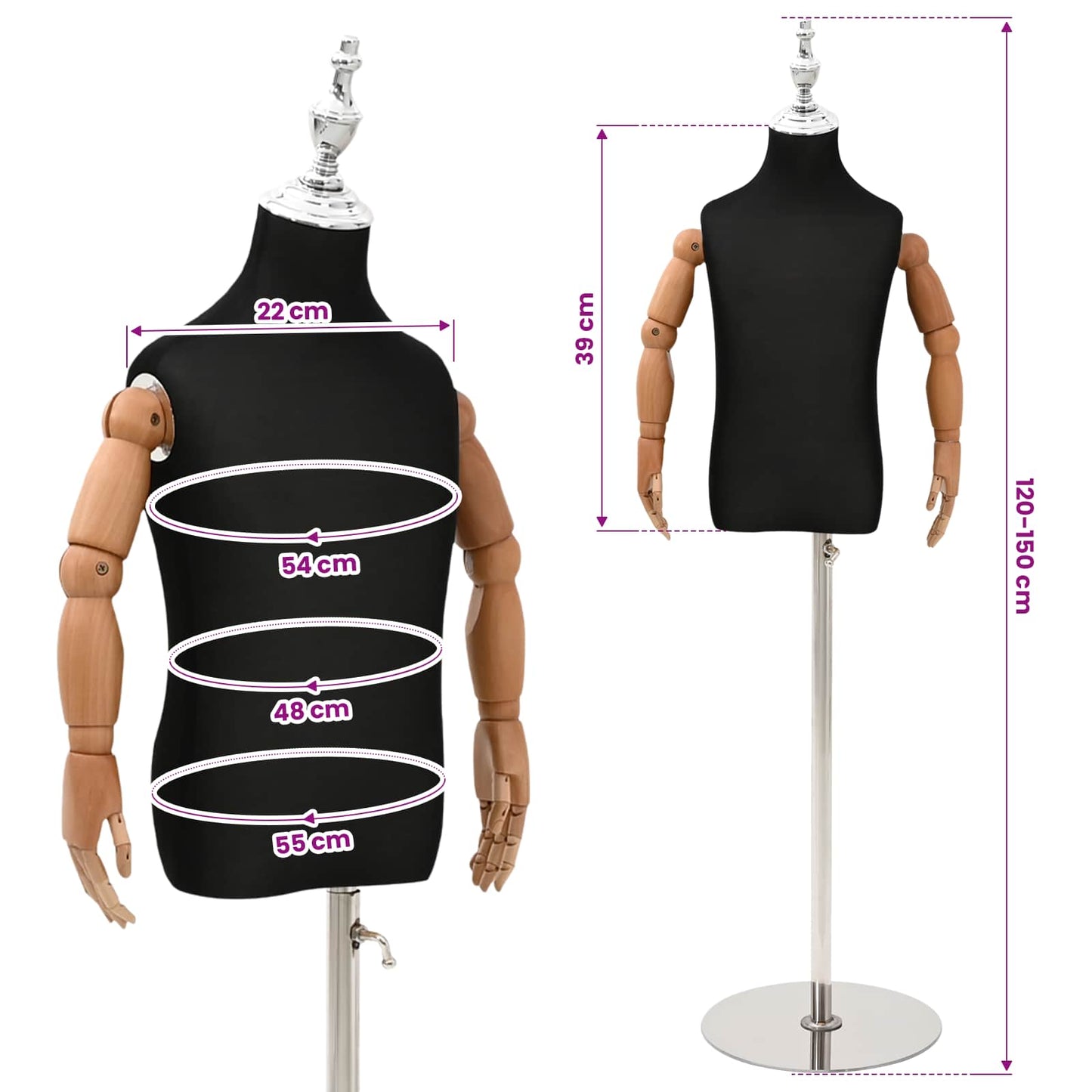 Verstellbares 120-150 cm Mannequin mit Basis Unisex PP Schwarz