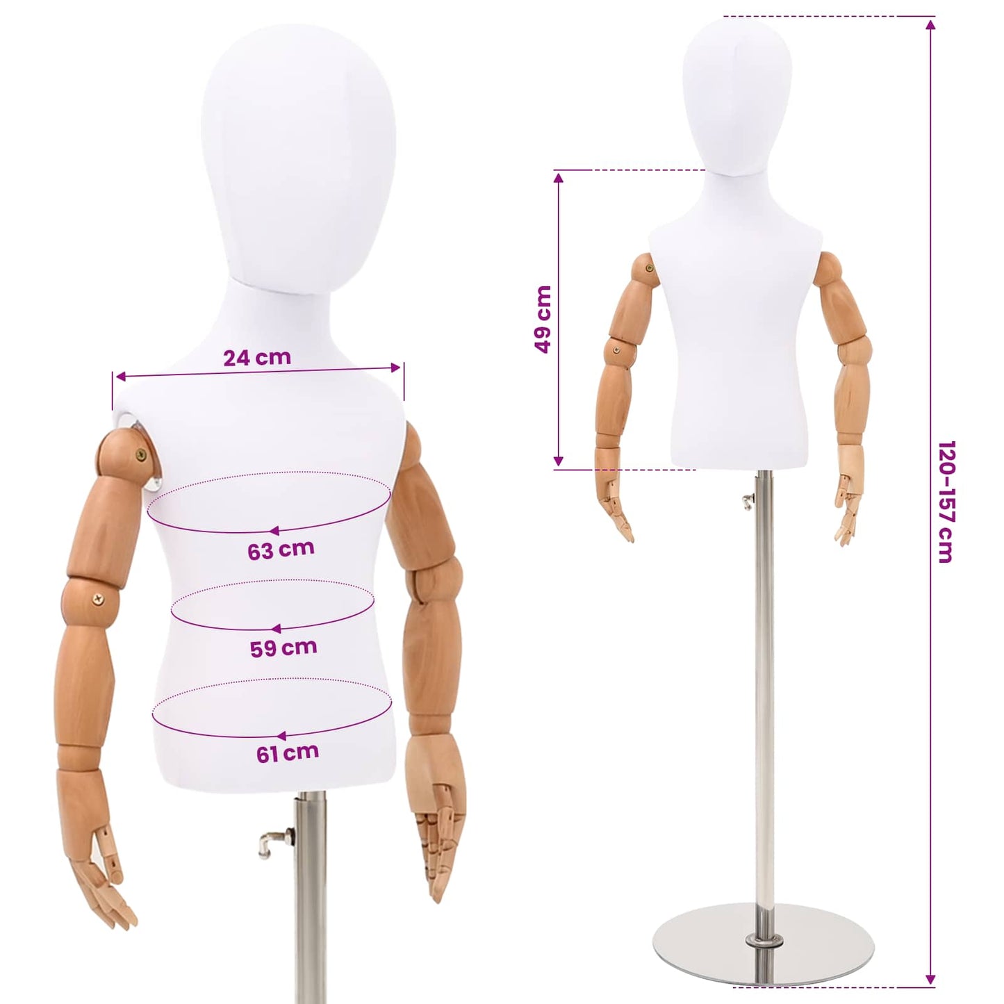 Verstellbares 120-157 cm Mannequin mit Basis Unisex PP Weiß