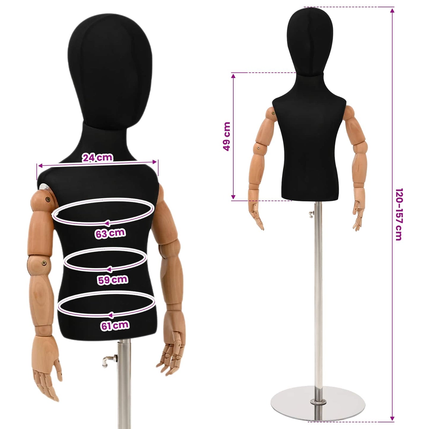 Verstellbares 120-157 cm Mannequin mit Basis Unisex PP Schwarz