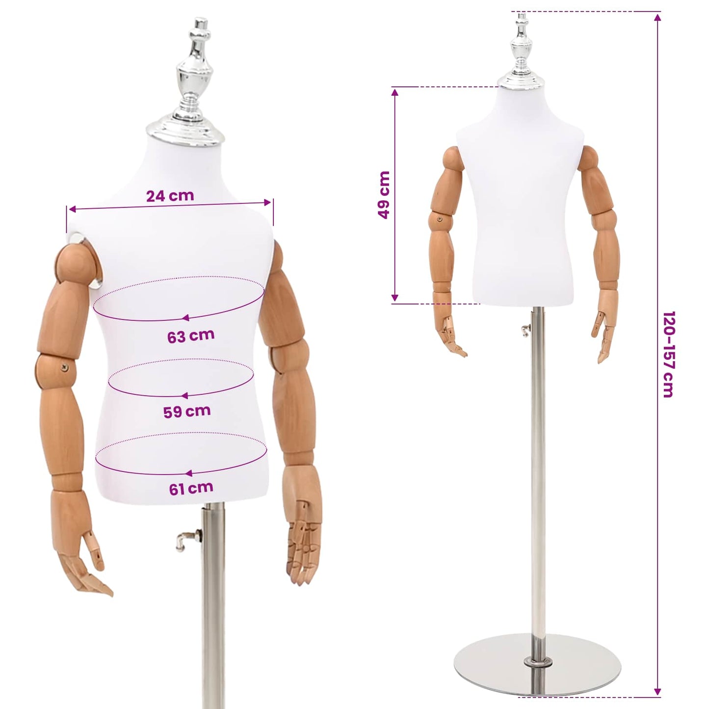 Verstellbares 120-157 cm Mannequin mit Basis Unisex PP Weiß
