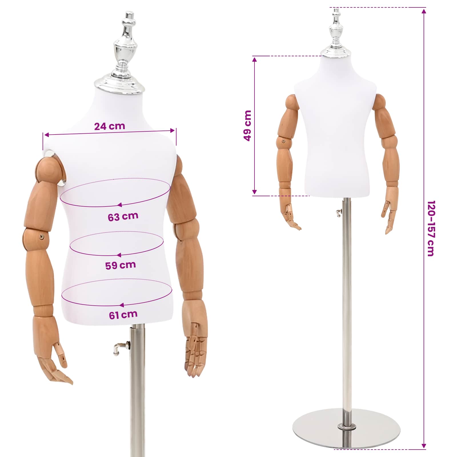 Verstellbares 120-157 cm Mannequin mit Basis Unisex PP Weiß
