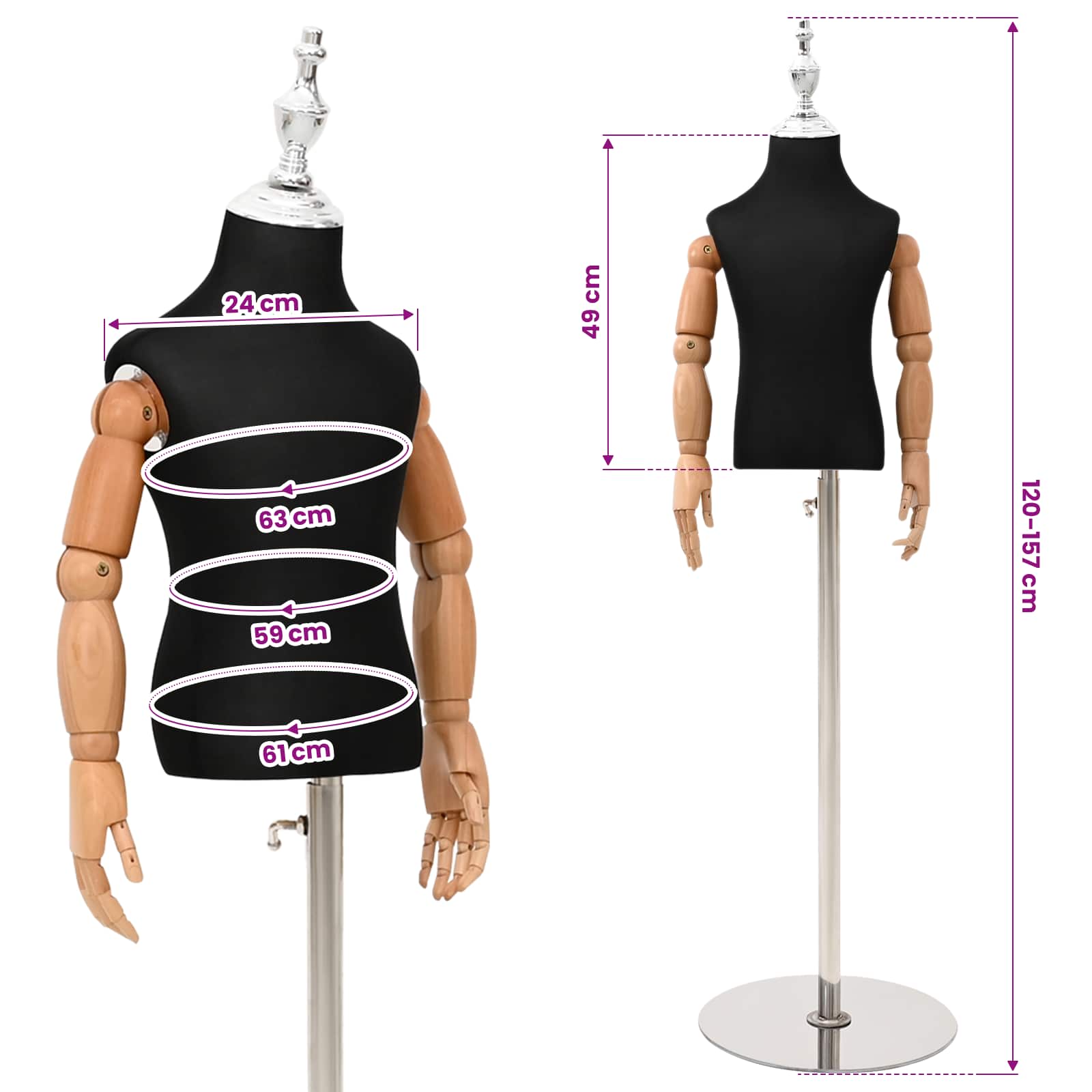 Verstellbares 120-157 cm Mannequin mit Basis Unisex PP Schwarz