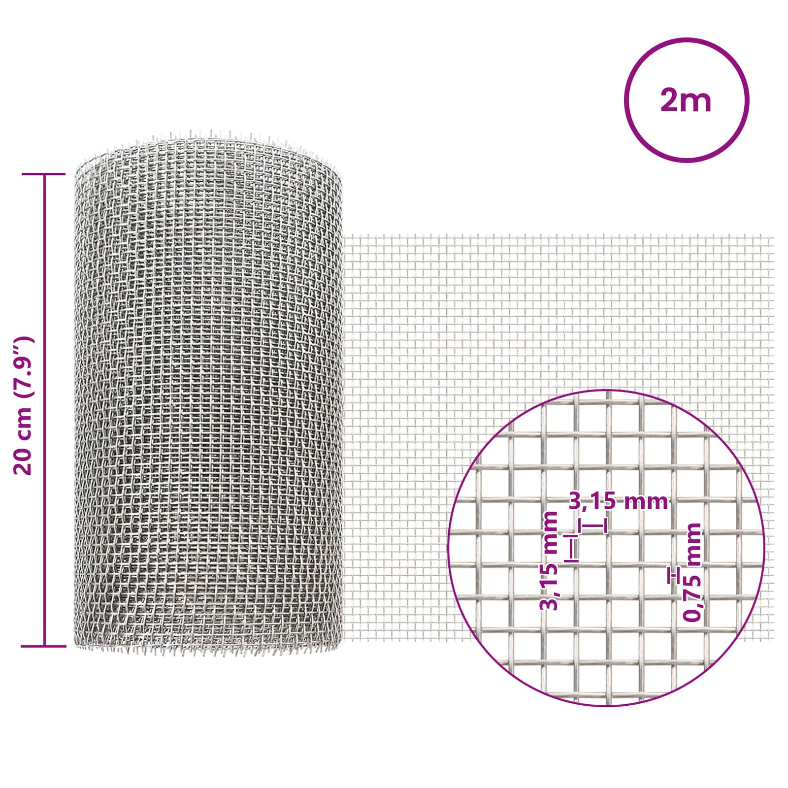 Mesh Bildschirm 20 x 200 cm 6 Mesh Edelstahl 201 Silber