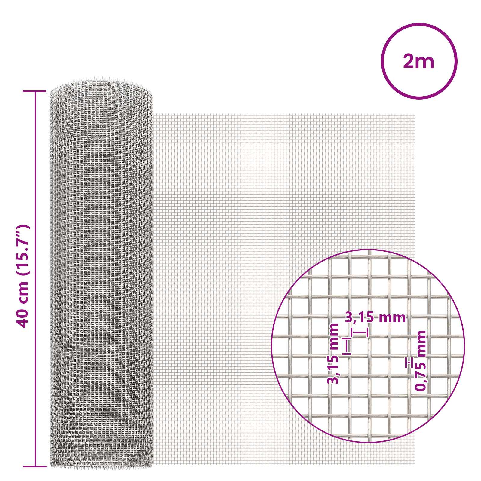 Mesh Bildschirm 40 x 200 cm 6 Mesh Edelstahl 201 Silber