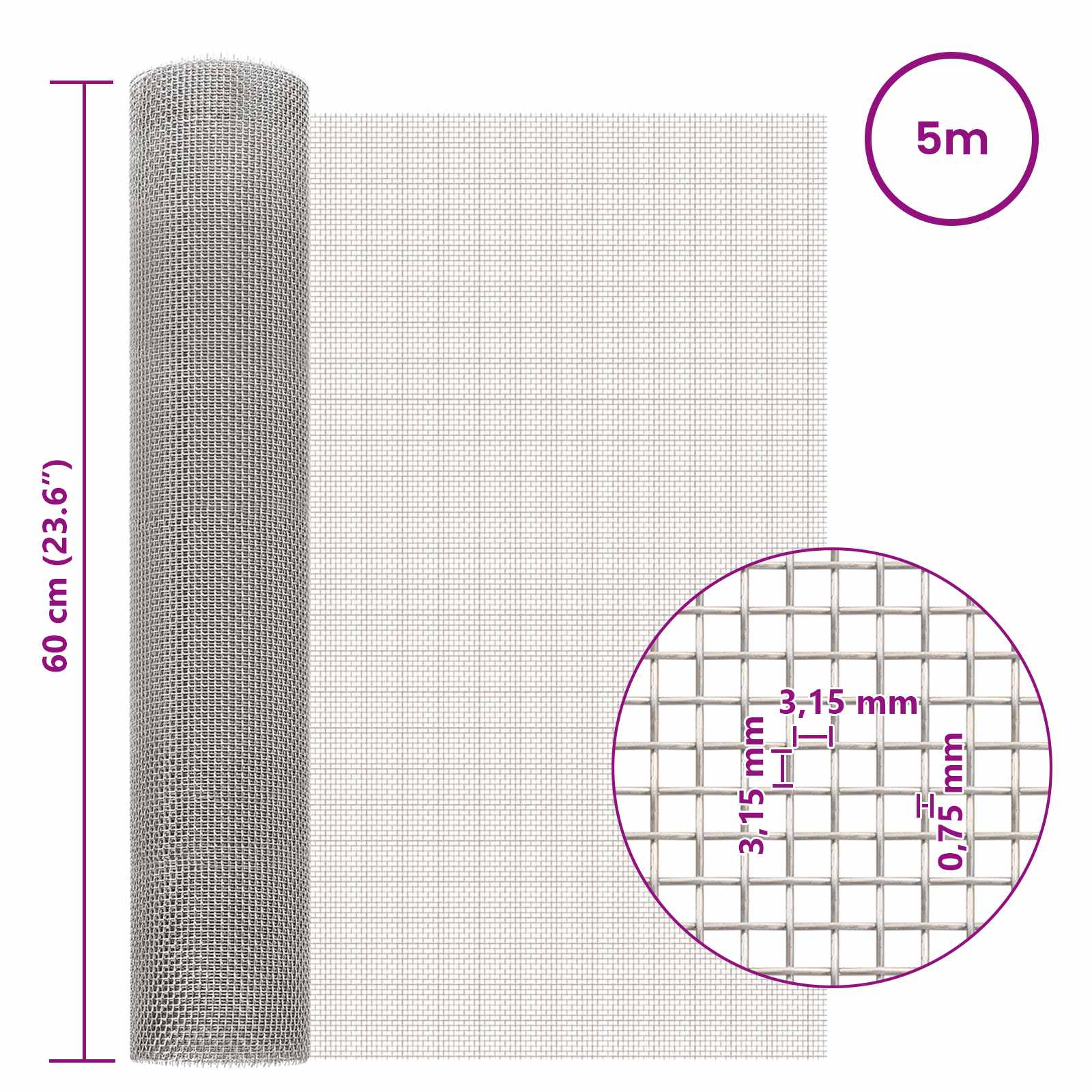 Mesh Bildschirm 60 x 500 cm 6 Mesh Edelstahl 201 Silber