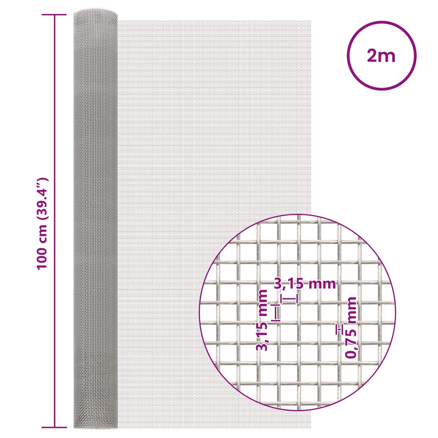 Mesh Bildschirm 100 x 200 cm 6 Mesh Edelstahl 201 Silber