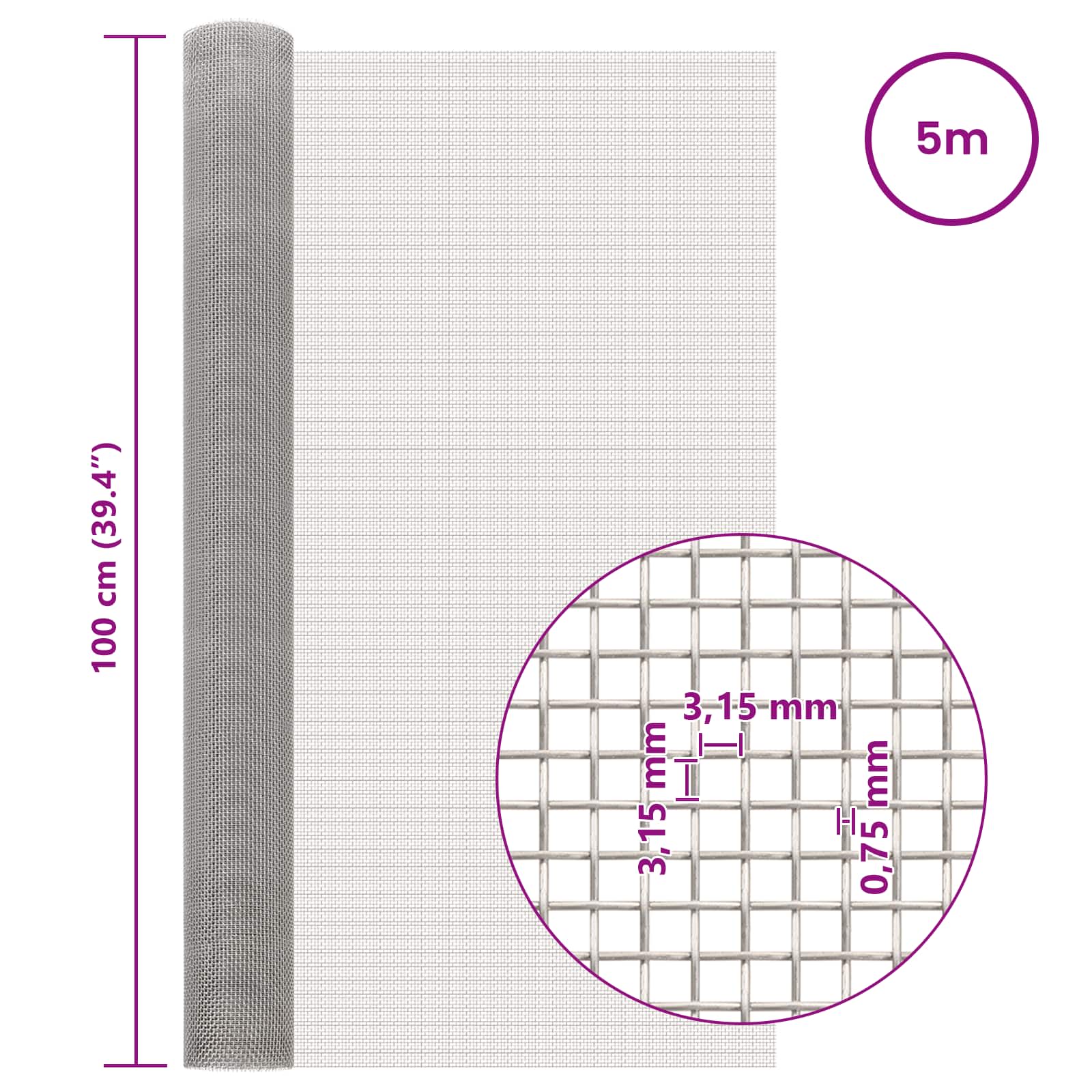 Mesh Bildschirm 100 x 500 cm 6 Mesh Edelstahl 201 Silber