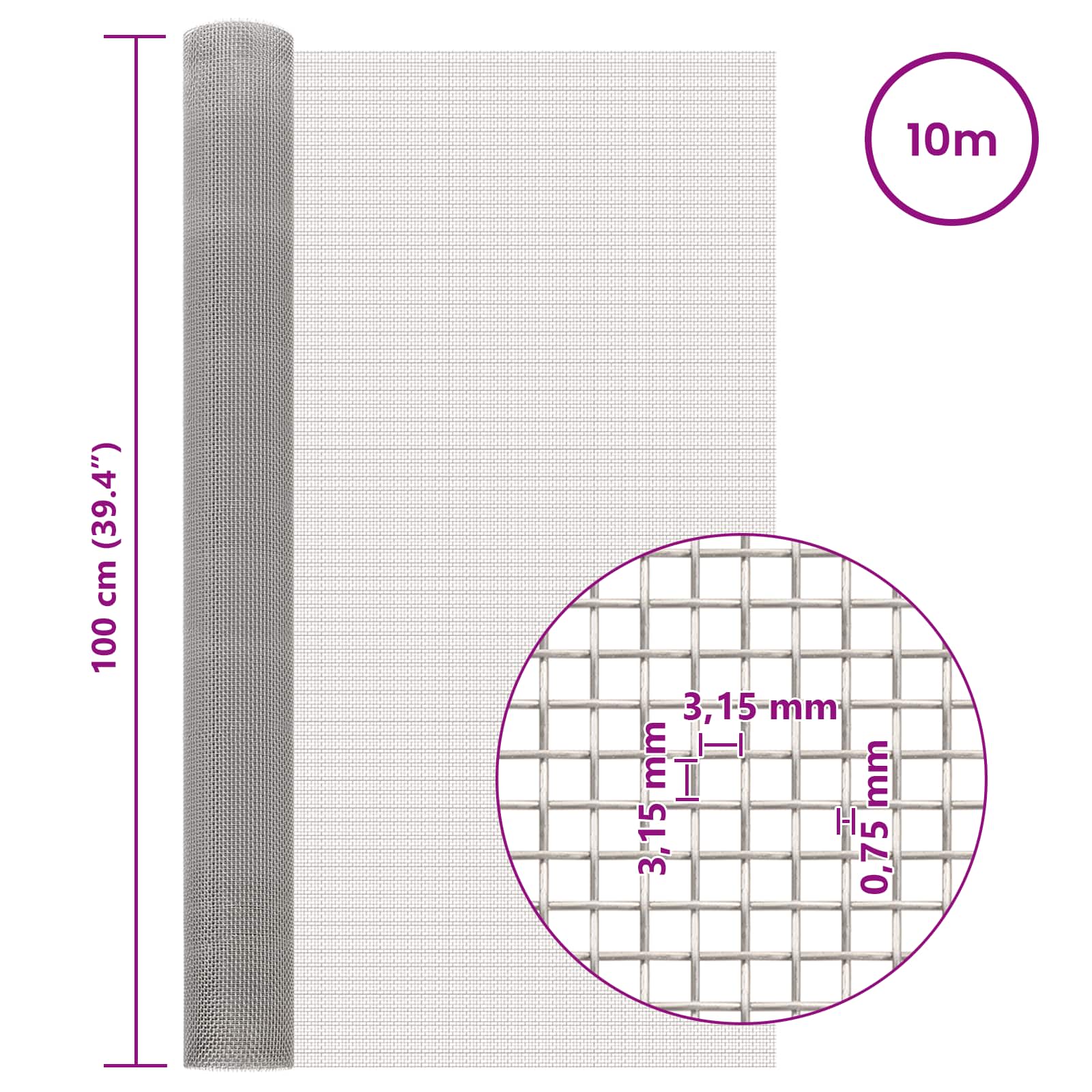 Mesh Bildschirm 100 x 1000 cm 6 Mesh Edelstahl 201 Silber