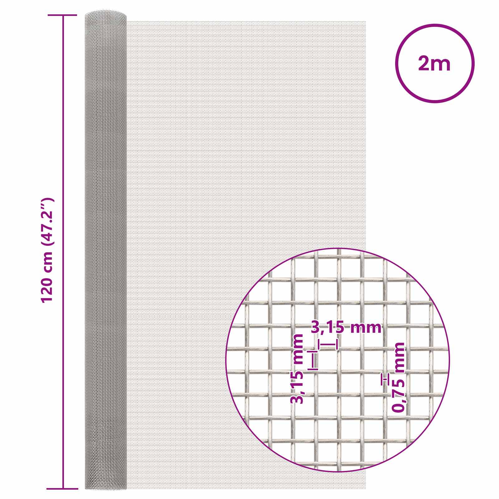 Mesh Bildschirm 120 x 200 cm 6 Mesh Edelstahl 201 Silber