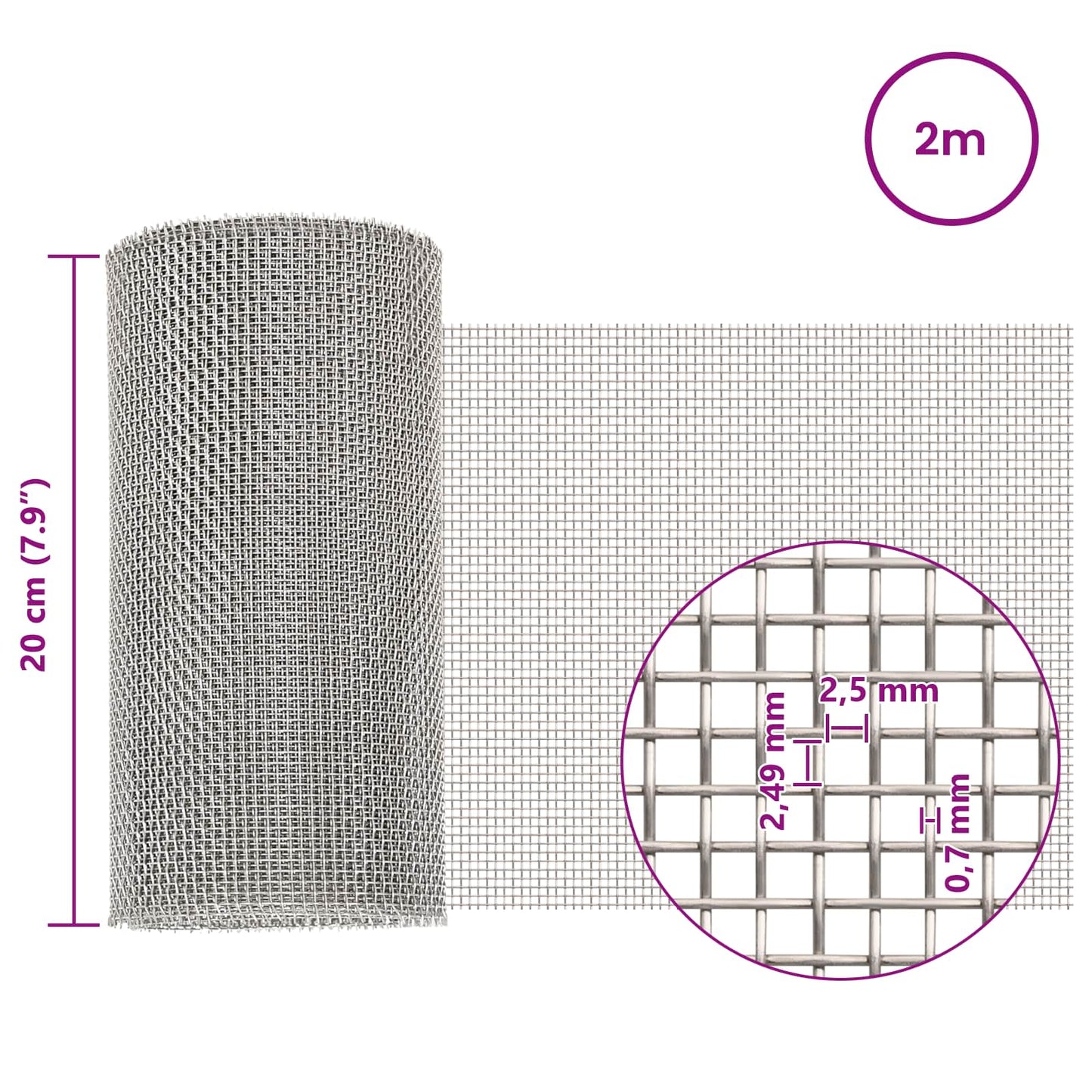 Mesh Bildschirm 20 x 200 cm 8 Mesh Edelstahl 201 Silber